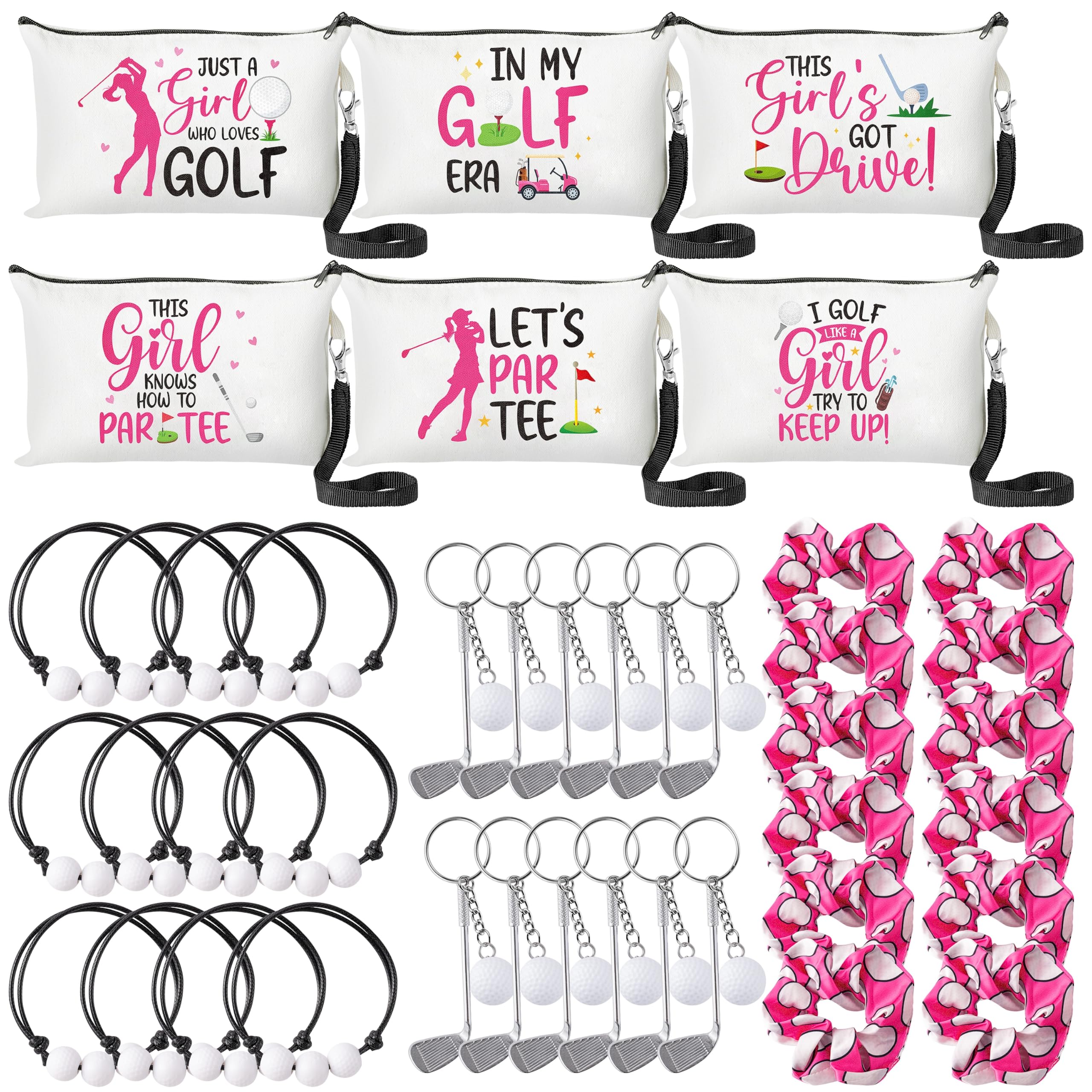 R HORSE Golf Party Favors Gifts for Girls, 48Pcs Sport Golf Themed Cosmetic Bag Purse Accessories Kit Include 12 Makeup Bags 12 Bracelets 12 Keychains 12 Hair Ropes for Team Golfer Sport Lover Decor