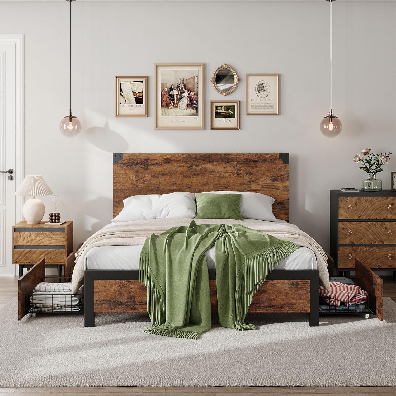 Full Size Bed Frame with 4 Drawers and Headboard, Rustic Vintage Wood and Metal Bed Frame with Large Storage Space, No Box Spring Needed, Noise Free