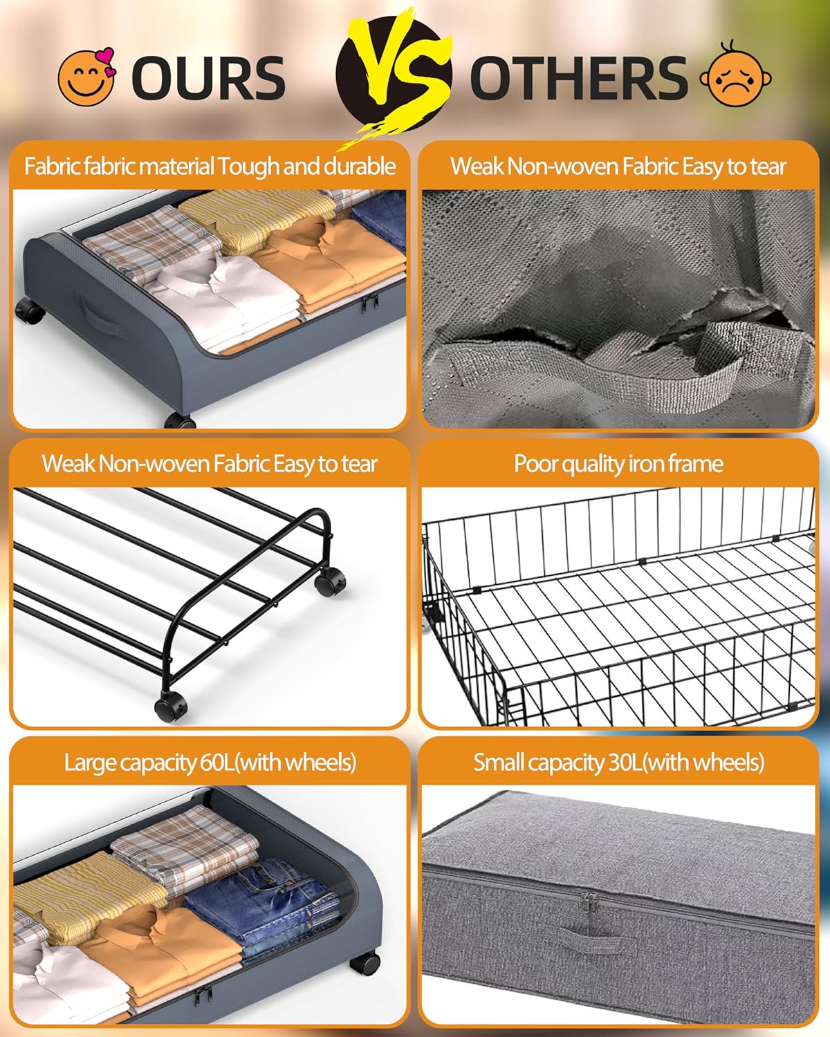 Under Bed Storage with Wheels, 4 Pack Curved Under Bed Storage Containers, 60L Under The Bed Storage Bins, Rolling Under The Bed Storage Metal Drawer for Clothes, Blankets, Shoes-Gray