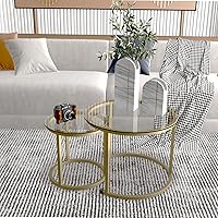 Vista 2 de aboxoo Juego de 2 mesas de centro anidables doradas, pequeñas mesas redondas de vidrio para sala de estar, dormitorio, mesa de té decorativa