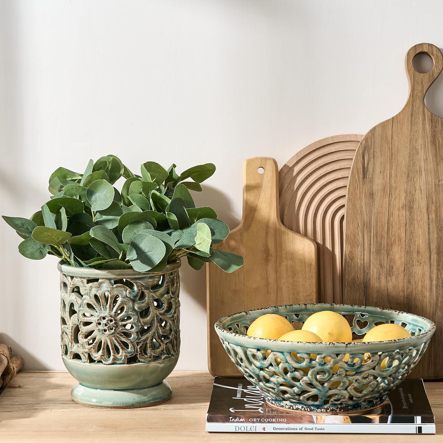 SIDUCAL Ceramic Fruit Bowl for Kitchen Counter,Decorative Fruit Basket with Holes, 10.43" Large Hollow Out Fruit Vegetable Holder Bowl for Table Decor, Blue
