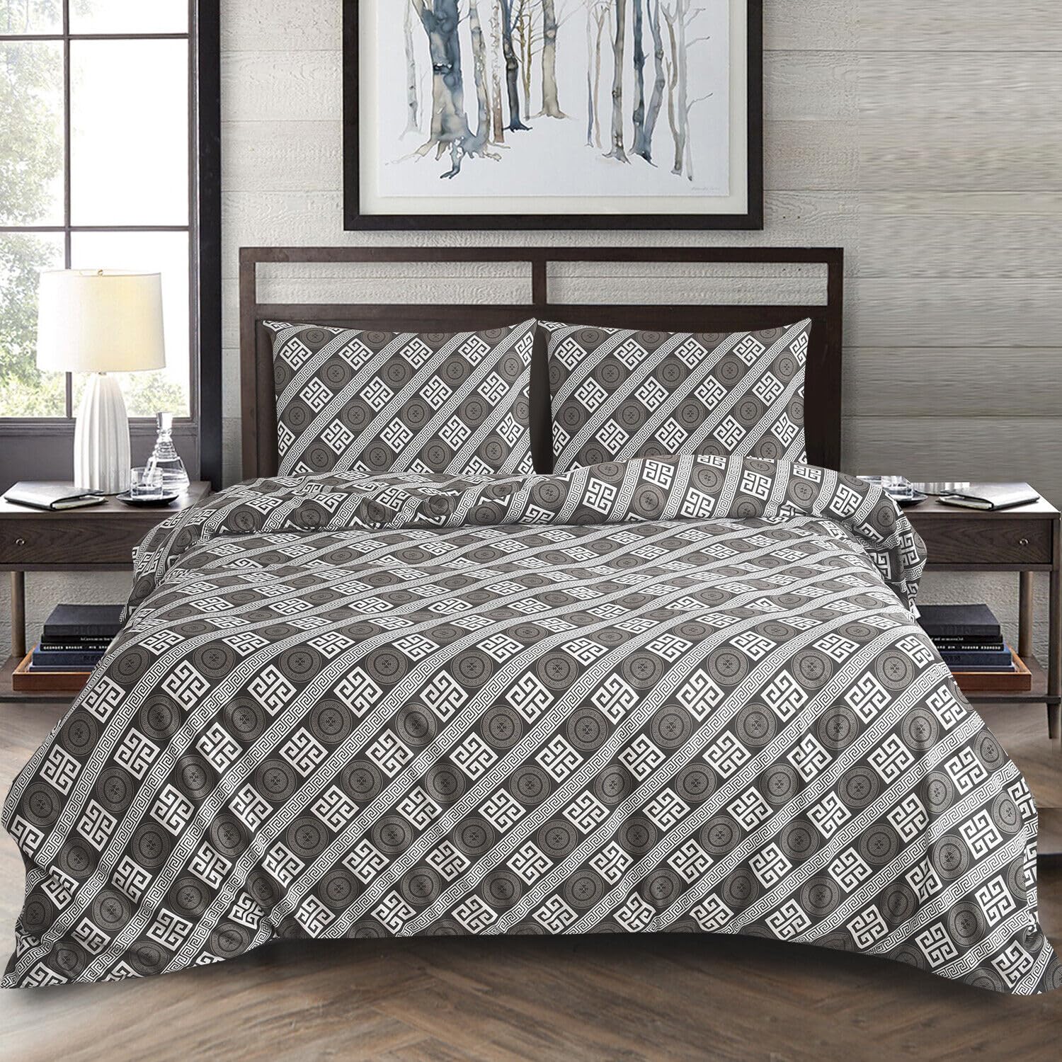 BOSKI LONDON 4 Piece Printed Bedding Set – Microfiber Duvet Cover, Fitted Sheet 25cm Deep Pocket & Pillowcases | Soft Quilt Cover Set Single Double King Super King (Classic Grid, SINGLE)