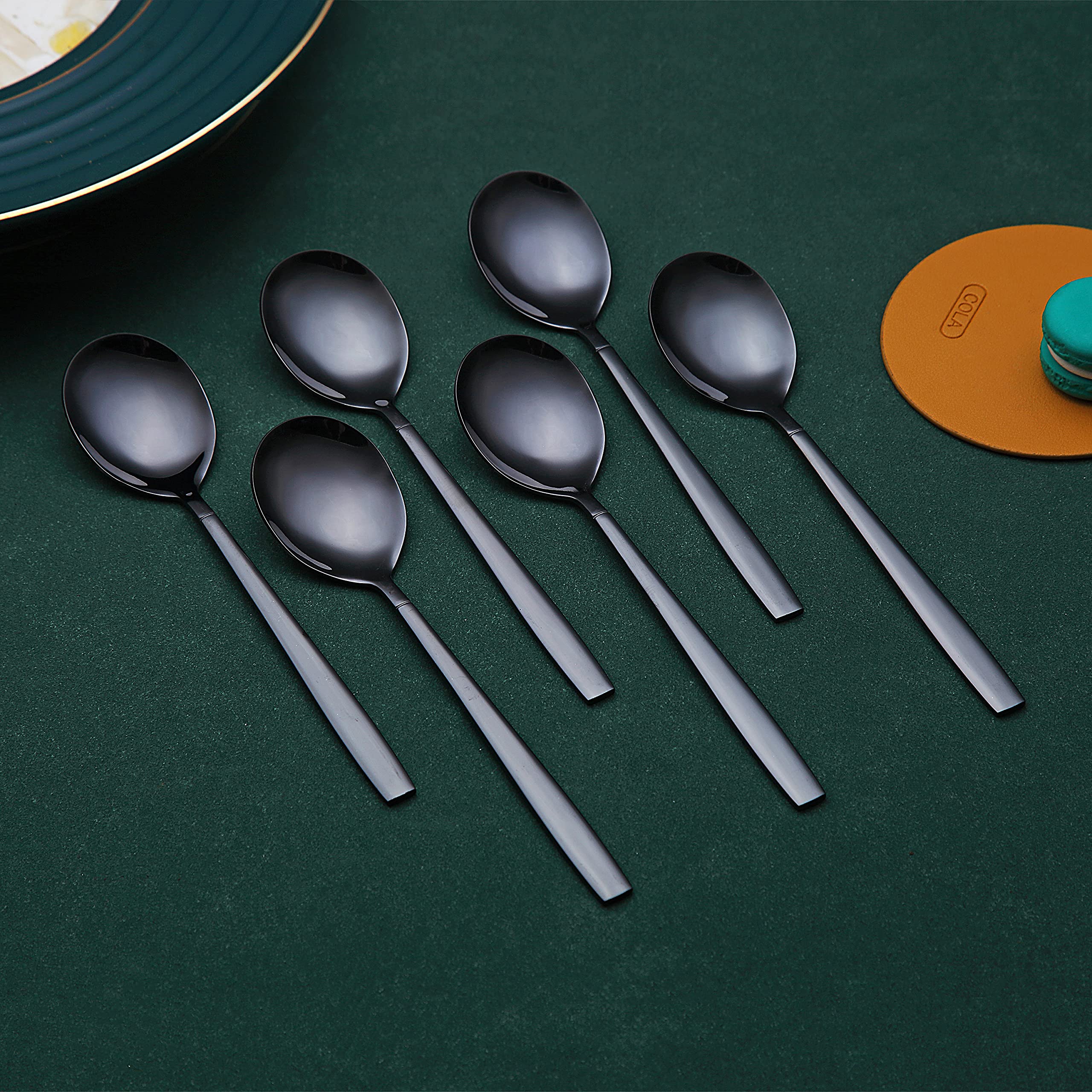 Berglander 6 cucharadas de vajilla de acero inoxidable chapado en titanio negro brillante, negro, juego de cucharas y cucharas negras
