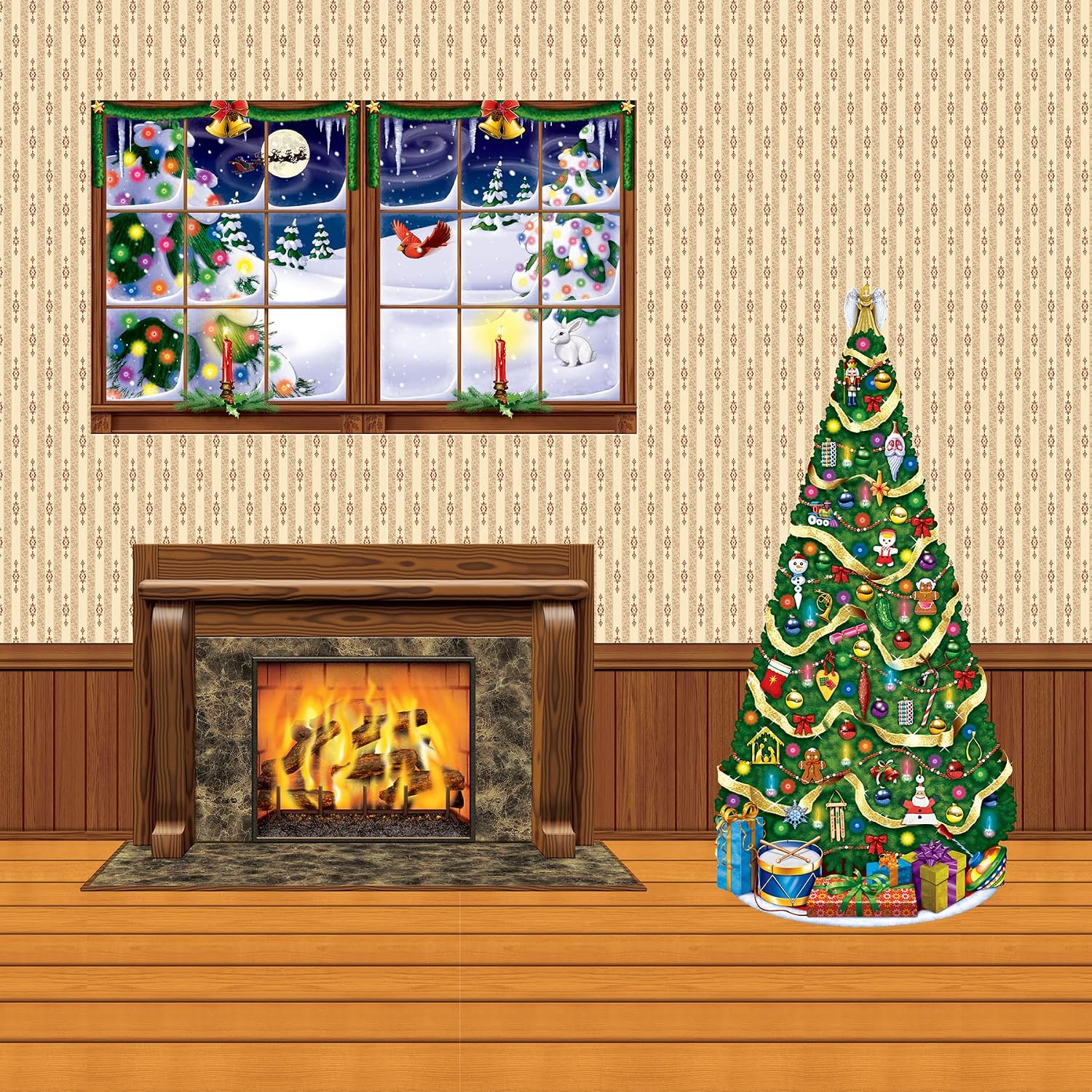 Beistle Fireplace Insta-Views – 3-Pack Wall Scenes with Realistic Burning Fire Image Printed on Thin Clear Plastic, Cozy Hearth Look for Christmas Holiday or Winter Parties, 3' 2" x 5' 2"