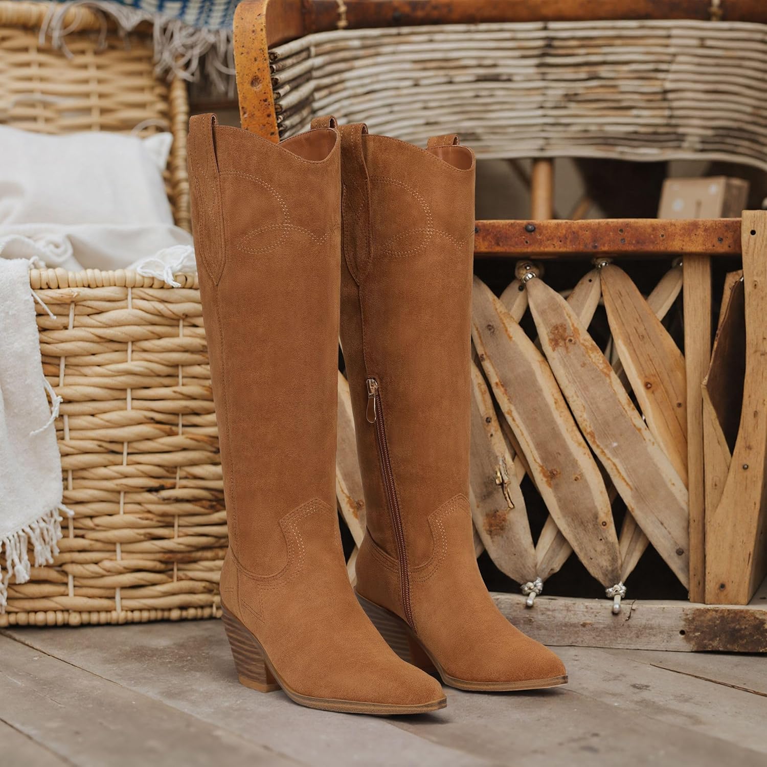 Mattiventon Cowgirl Boots for Women Knee High Cowboy Western Boots Pointed Toe and Block Heel Suede Long Boot with Embroidered Side Zipper 2025 - Image 6