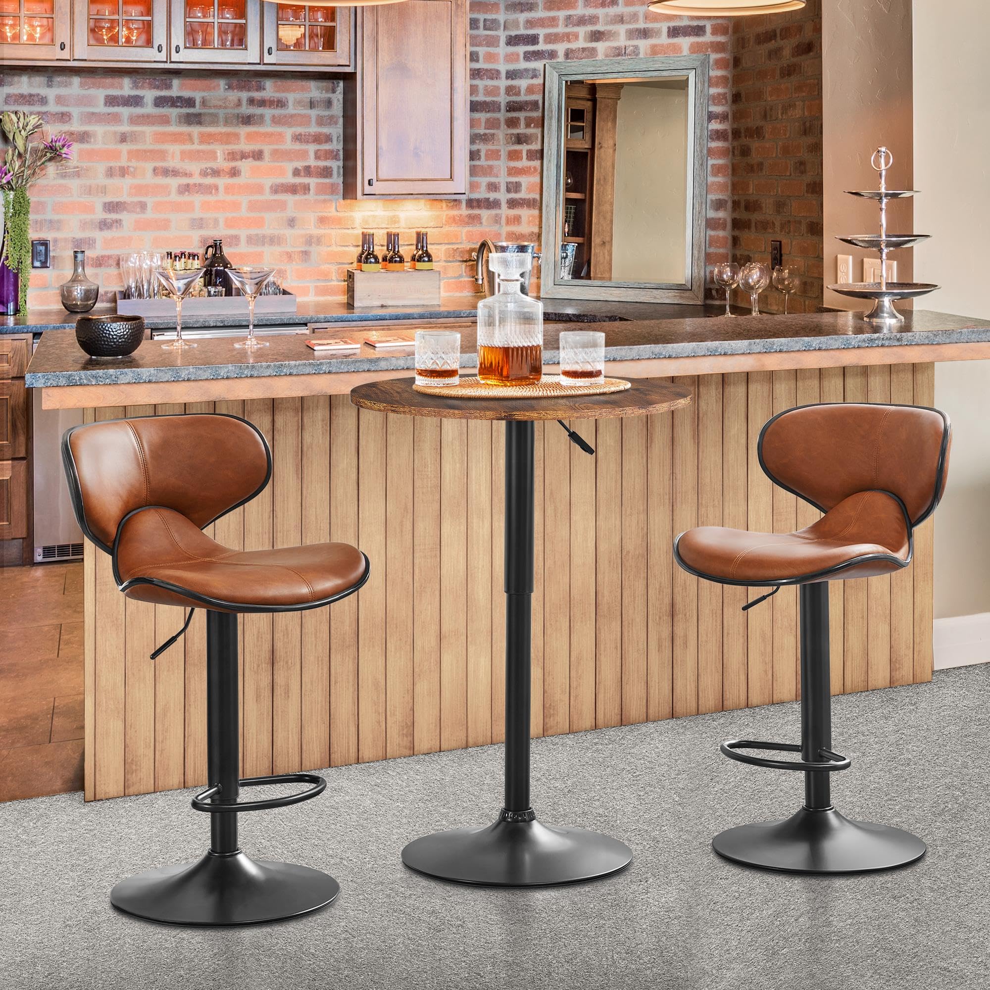 Yaheetech Table de Bar Ronde Haute Cuisine Mange-Debout avec Plateau en Bois MDF Réglable en Hauteur Pivotante à 360° pour Bistro Salon Salle à Manger Terrasse Café Brun Rustique