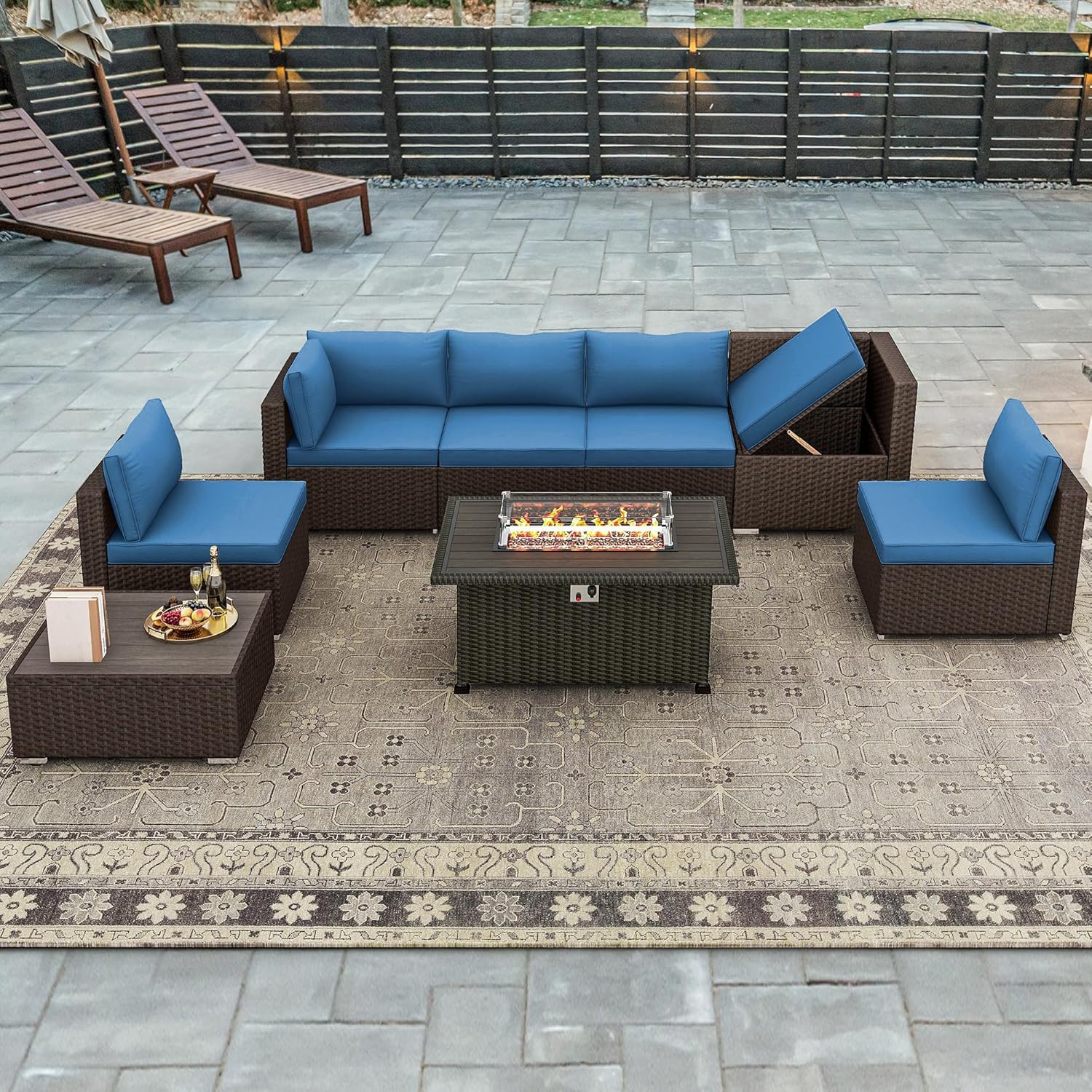 HOMREST 8 Pieces Outdoor Patio Furniture Set with 44" Propane Fire Pit Table, PE Rattan Sectional Sofa Conversation Set w/Adjustable Bracket, Wood Coffee Table for Backyard (Blue)