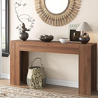 63-Inch Long Console Table with LED Light, Farmhouse Sofa Table Behind Couch, Wooden Console Table for Entryway Hallway Entrance Living Room, Brown