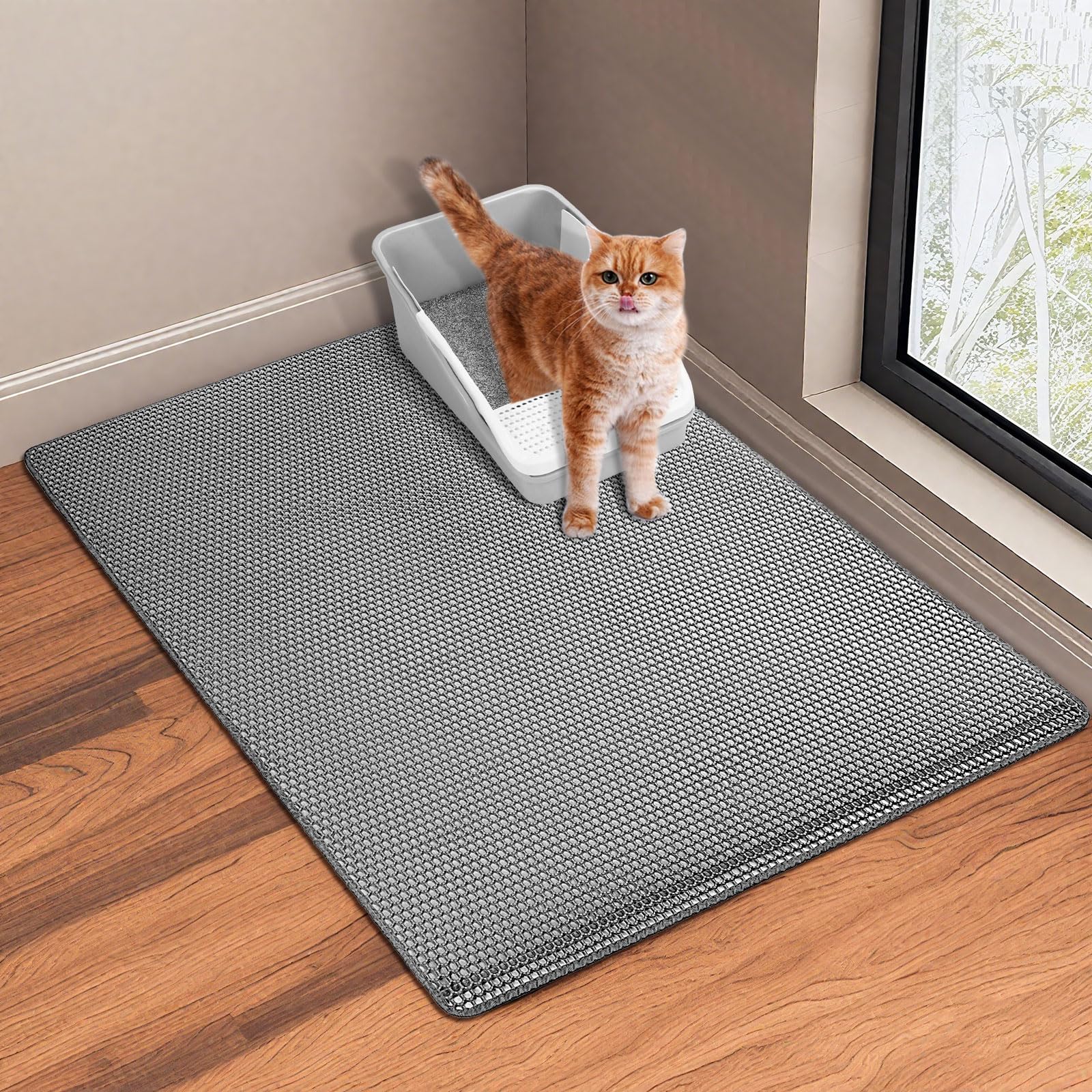 GRELY 35''X 25'' Large Litter Mat, 2 Layer Cat Litter Mat Litter Trapping Mat,Litter Box Mats for Floor, Cats Litterbox Catcher Rug for Kitty Pet,