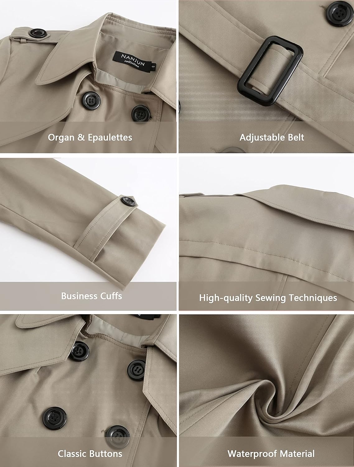 NANJUN Women's Double-Breasted Trench Coat Classic Lapel Overcoat Slim Outerwear Waterproof Coat with Belt Buckle - Image 4