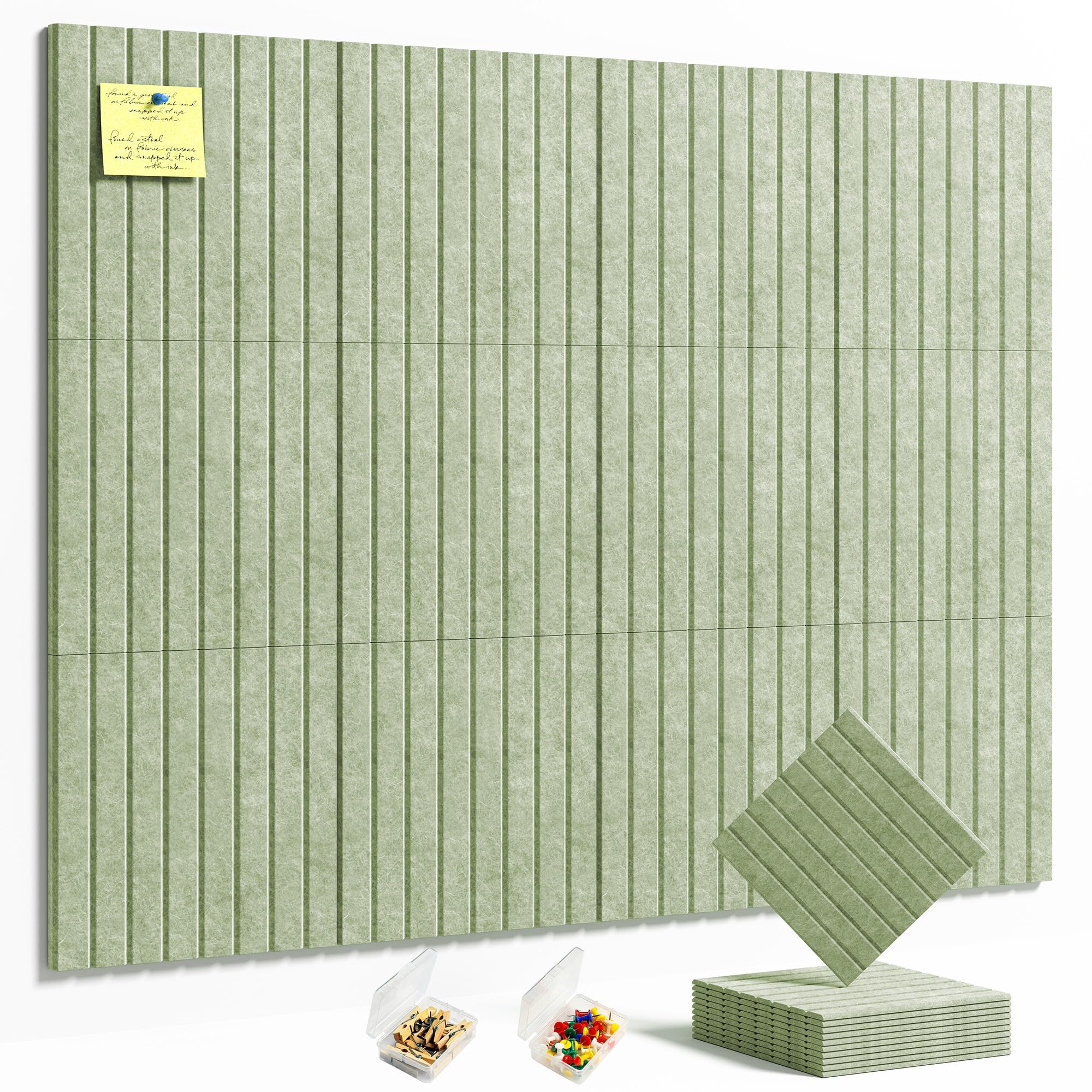 HyFanStr Felt Slatted Bulletin Board, 9mm Extra Thick Pin Board for Walls, 120 x 90 cm-12 Pack Large Cork Board Alternative with Nano Adhesive Hardware for Home Office Kitchen School Decor
