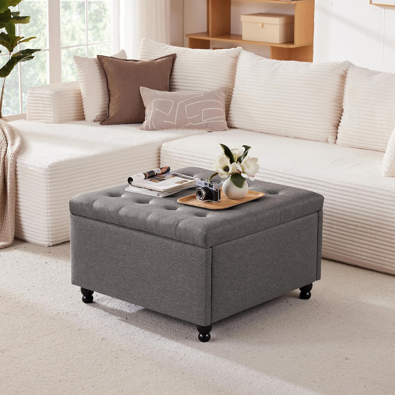 30 Inch Large Square Storage Ottoman Coffee Table, Oversized Square Ottoman with Storage, Tufted Upholstered Coffee Tables for Living Room (Fabric, Dark Grey)