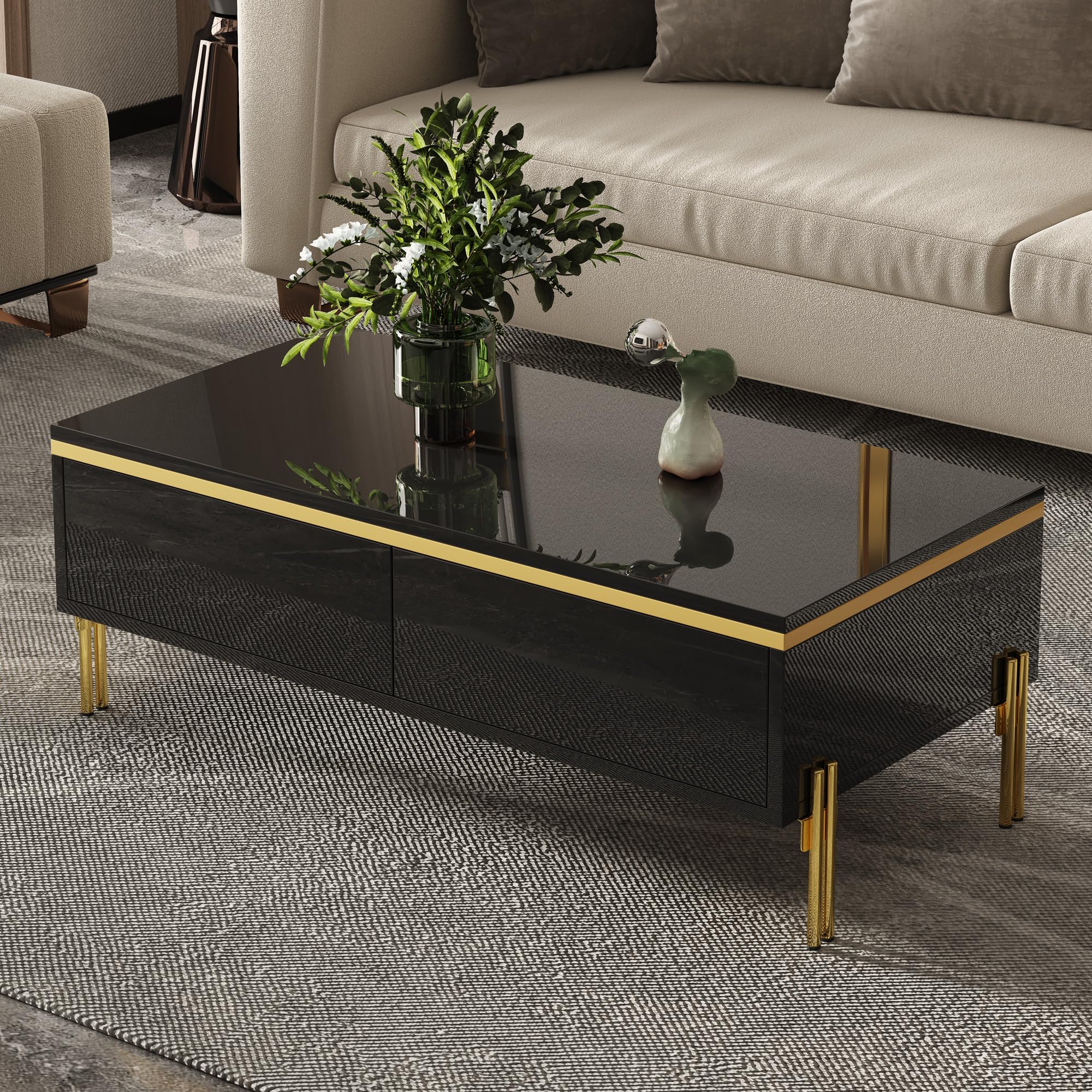 Merax High Gloss Coffee Table with 2 Drawers Black Frame with Gold Line — image 1