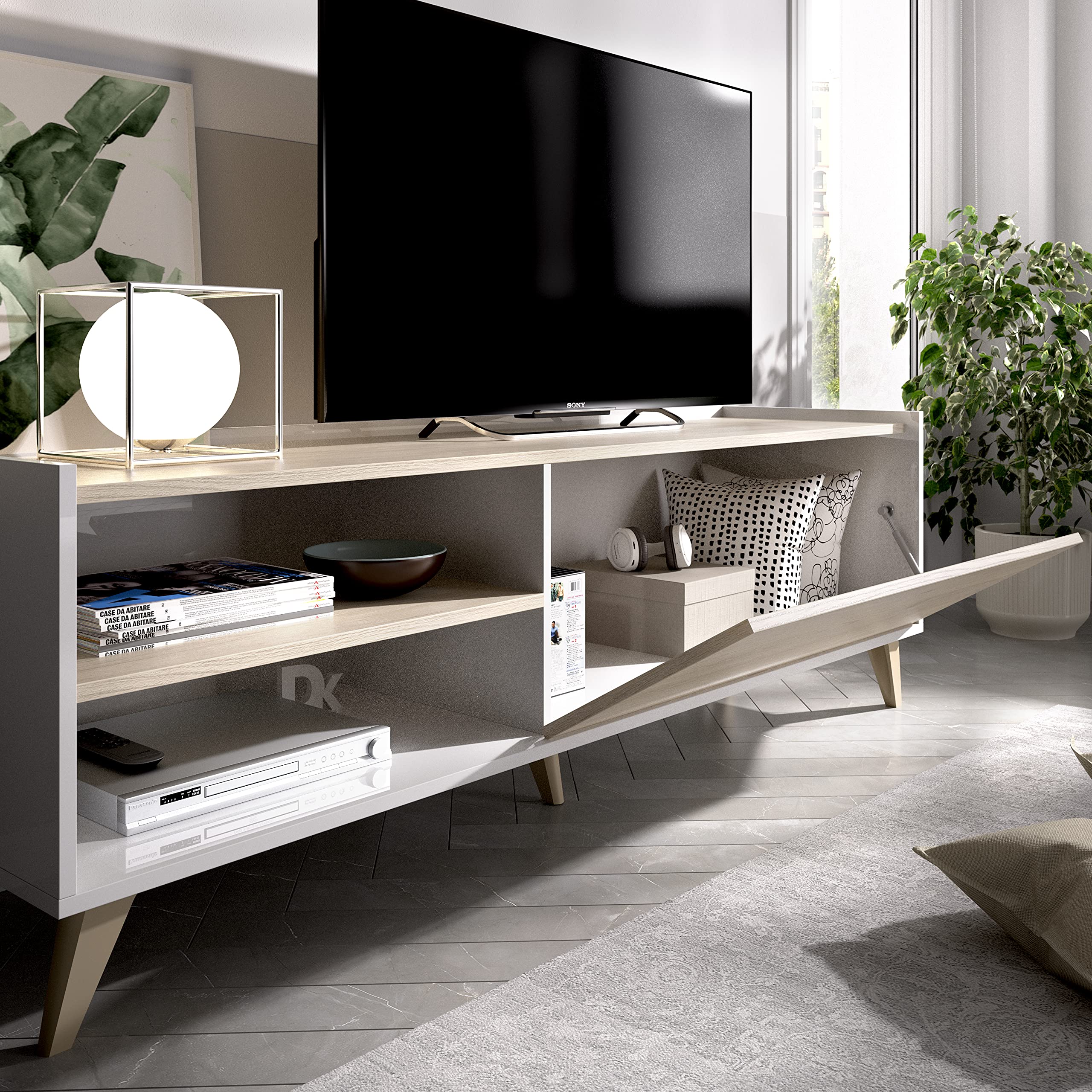 DEKIT GRUPO RIMOBEL Composition de Salon avec Meuble TV + Buffet + Table Basse, Blanc et Naturel - Ness 6