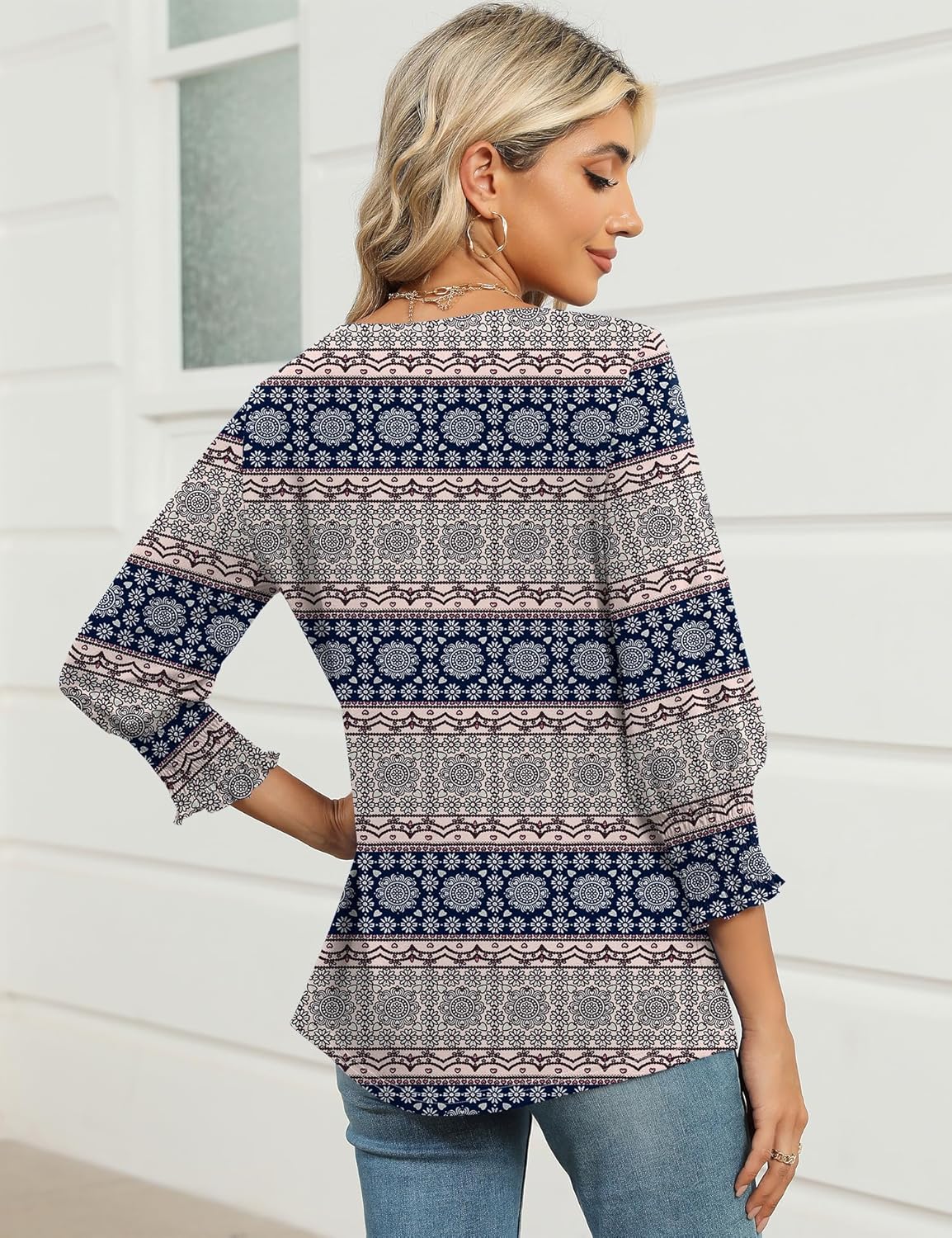 IECCP 3/4 Length Sleeve Womens Tops Summer 2026 Fashion Trendy Boat Crew Neck Smocked Work Dressy Casual T Shirt Blouses - Image 5