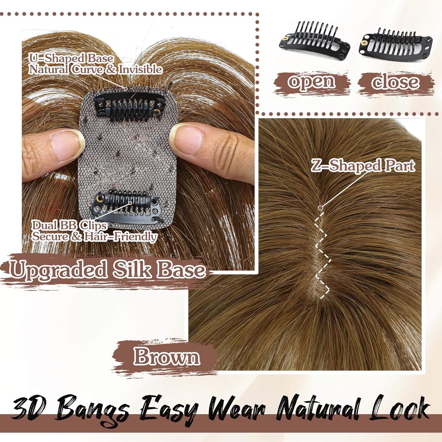 Hair Toppers for Women Real Human Hair - 360° Coverage Browns Clip In Topper with Bangs for Thinning Hair Upgraded 4×6 cm Silk Base Ideal for Everyday Use