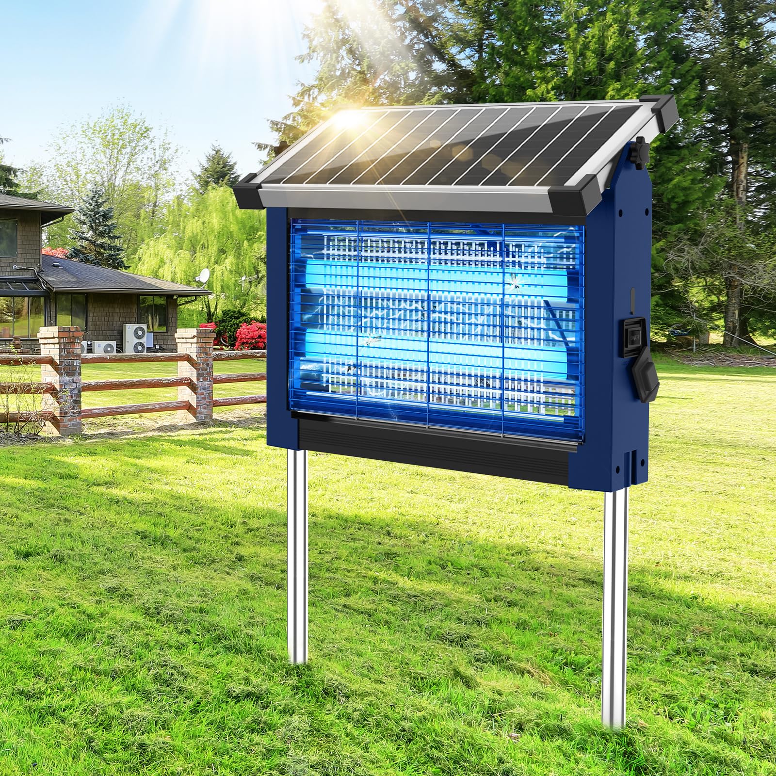 Solar Bug Zapper Outdoor Wasserdicht, 4500V High Power Cordless Mückenzapper mit Smart Light Sensor, Dual Solar & USB Wiederaufladbarer Insektenvernichter für Terrasse, Garten, Hinterhof, Indoor