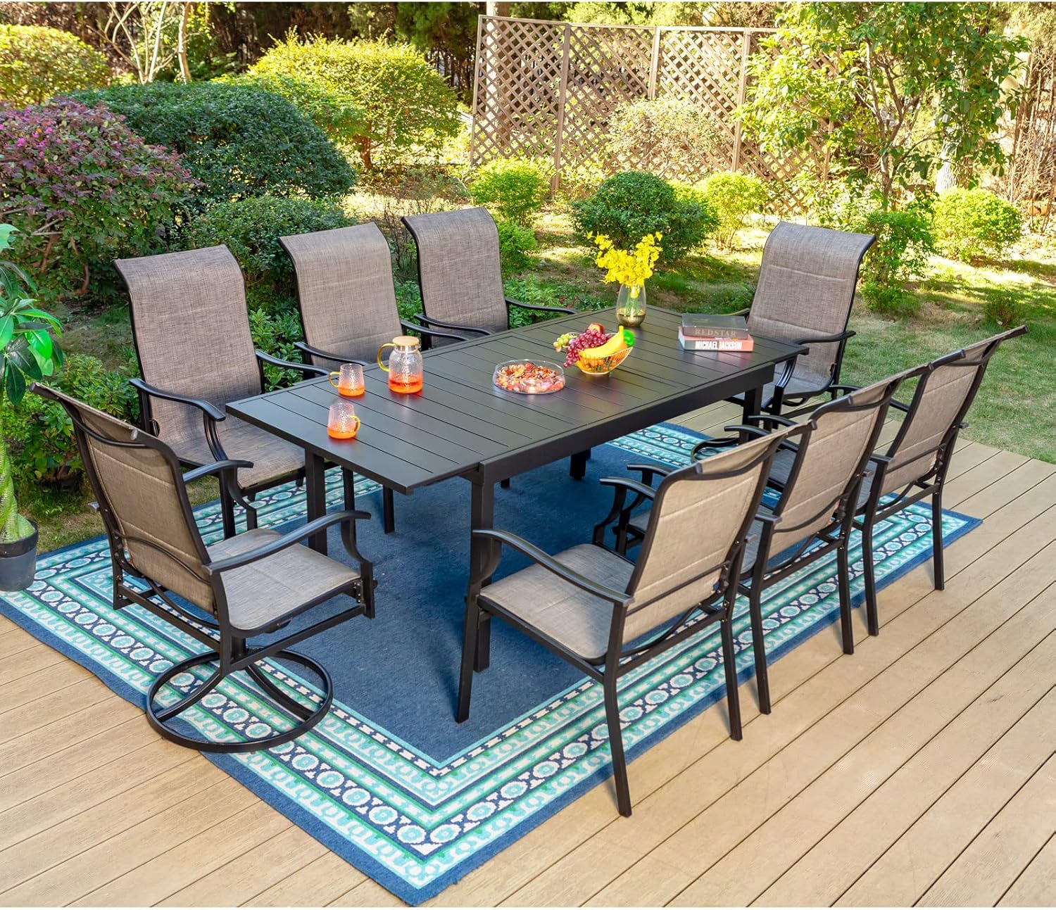 PHI VILLA 9 Piece Patio Dining Set, Outdoor Table and Chairs Set for 8 with 1 Extendable Large Patio Table, 2 High Back Swivel Patio Chairs and 6 Padded Dining Chairs : Patio, Lawn & Garden