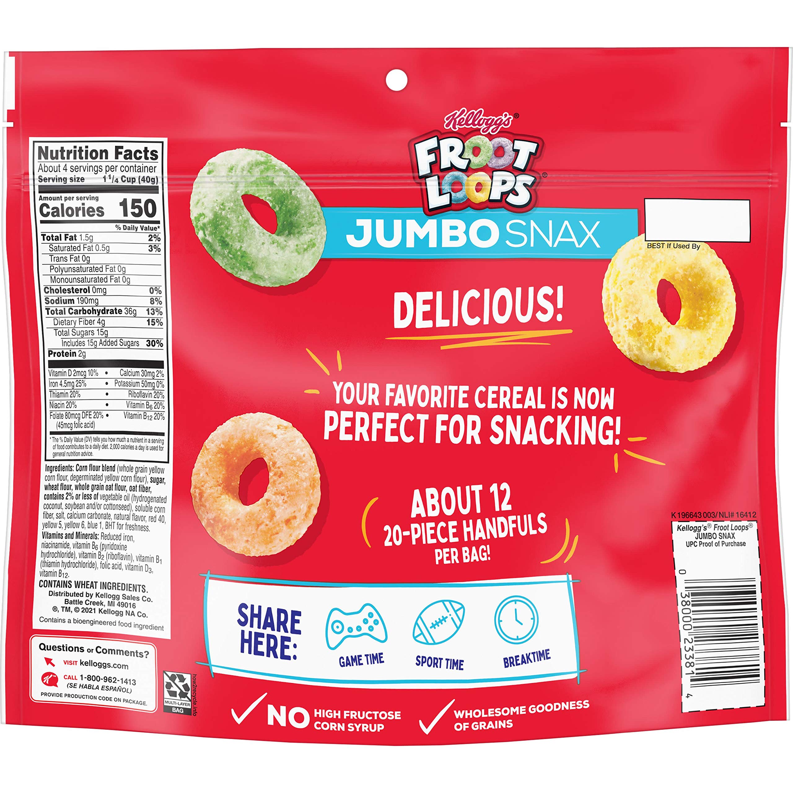 Kellogg’s Froot Loops Jumbo Snax Cereal Snacks, Kids Snacks, Fruit