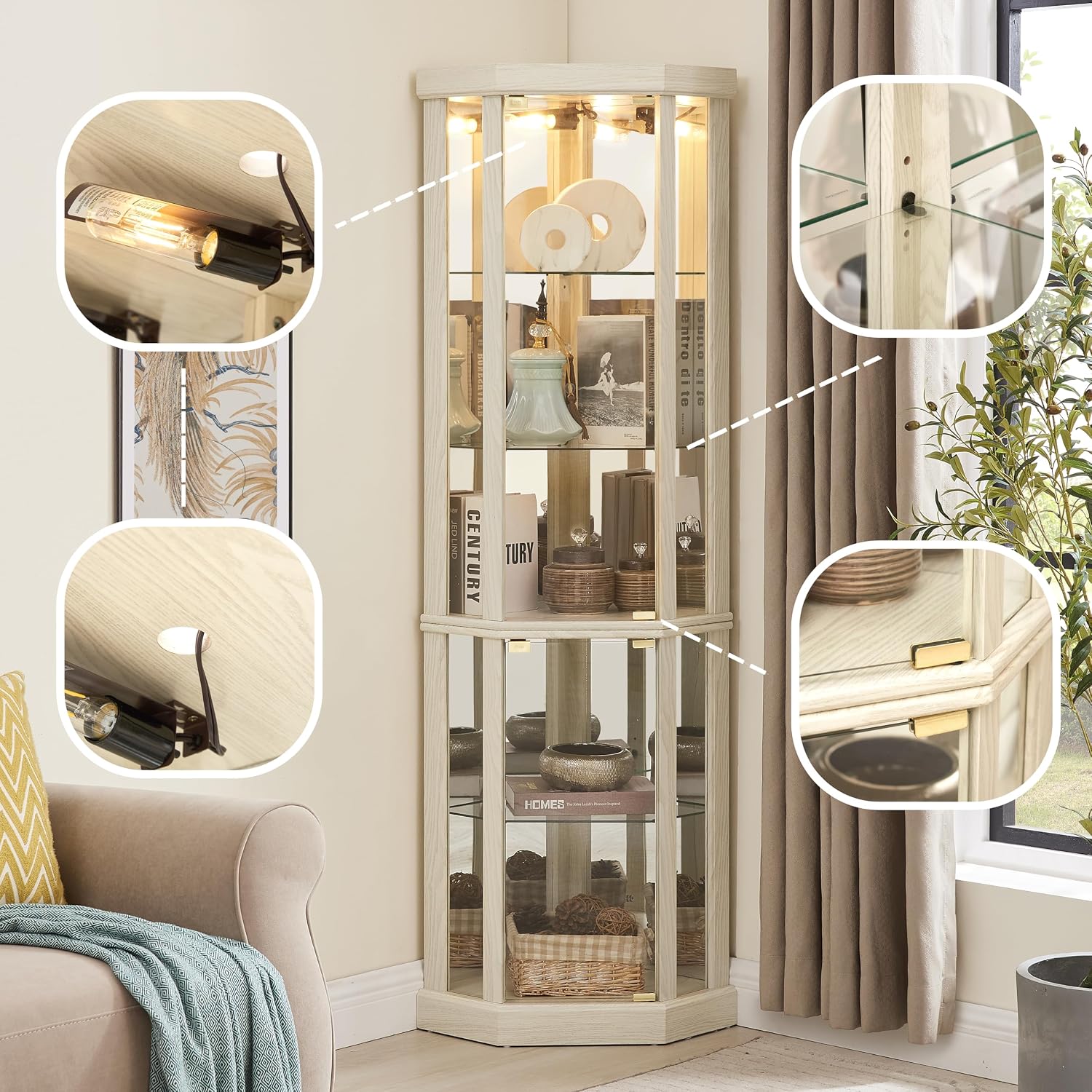 Lighted Curio Cabinet 70" Corner Display Cabinet with Glass Doors for Living Room, China Cabinet with Adjustable Shelves, White