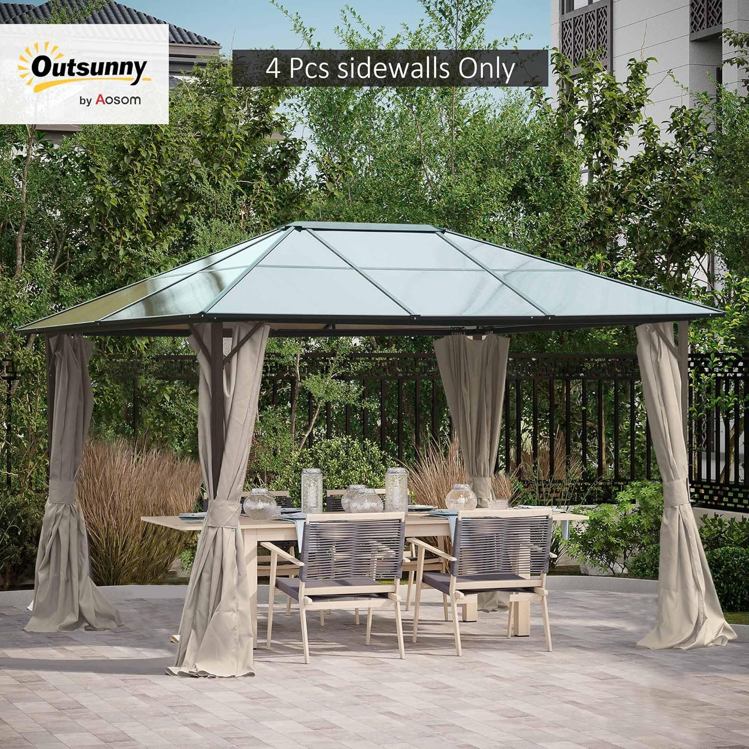 Outsunny 10' x 12' Universal Gazebo Sidewall Set with Panels, Hooks and C-Rings Included for Pergolas and Cabanas, Beige