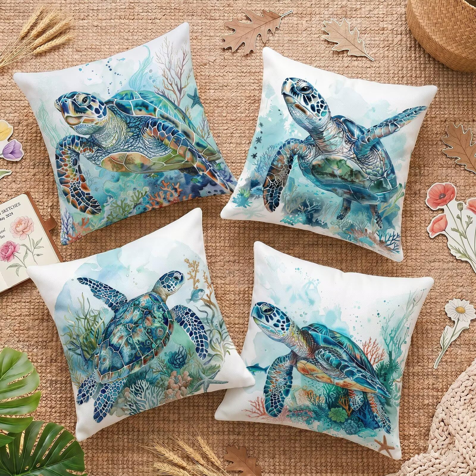 Housse de coussin 65x65cm extérieur imperméable lot de 4 taie oreiller lin canapé jardin C-O159