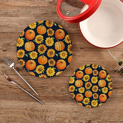 Juego de 2 salvamanteles redondos de calabaza de acuarela, diseño de girasoles de otoño, resistentes al calor, tapetes de tejido de hilo de algodón