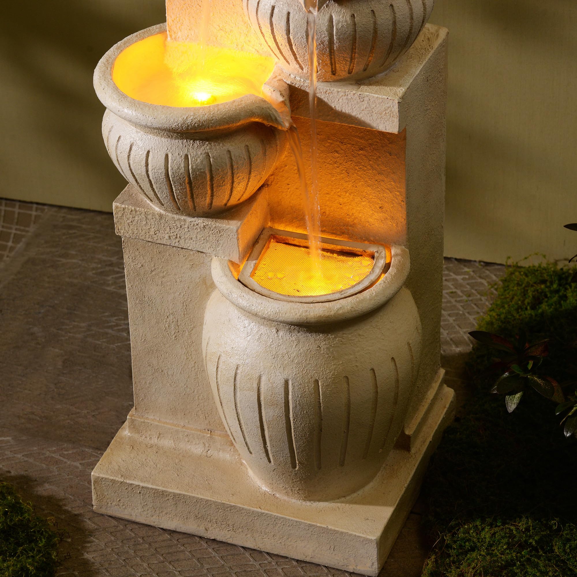 Teamson Home Fontaine Solaire 4 Niveaux Cascade exterieure LED ecologique sans Fil Balcon Patio Aspect Pierre Naturelle