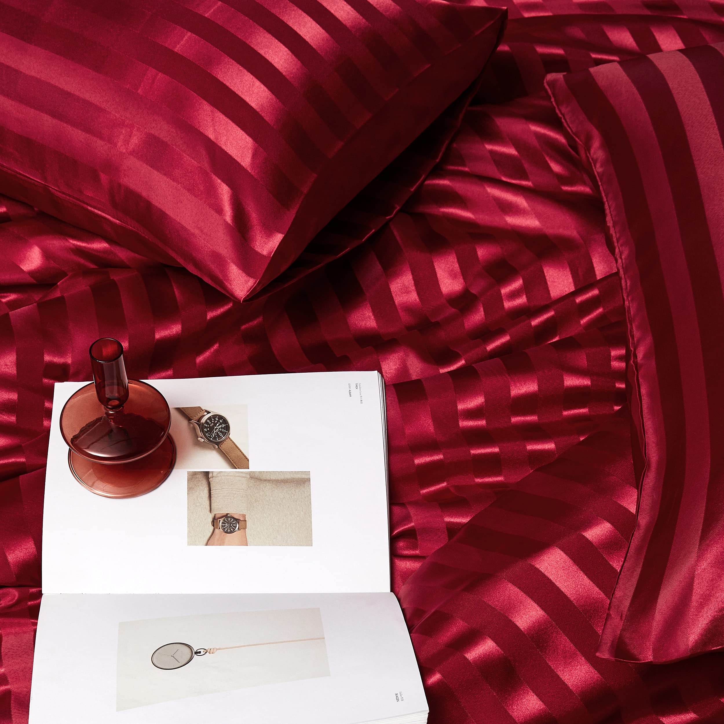 Damier Ropa de cama de 200 x 200 cm, satén rojo a rayas, juego de 3 piezas liso brillante de lujo de alta calidad, funda nórdica con cremallera oculta y 2 fundas de almohada de 80 x 80 cm