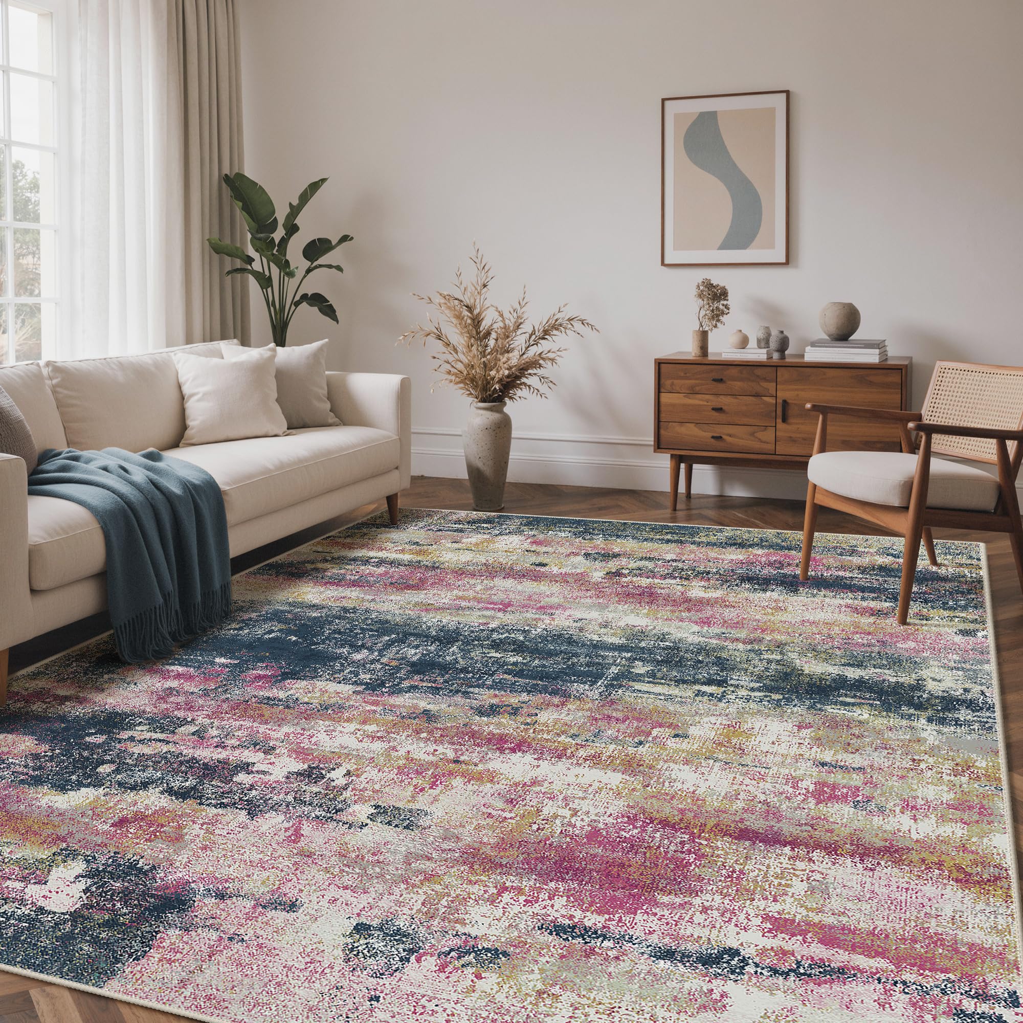 BEIMO 8x10 Area Rug for Bedroom, Navy Pink Washable Abstract Non Slip Rug
