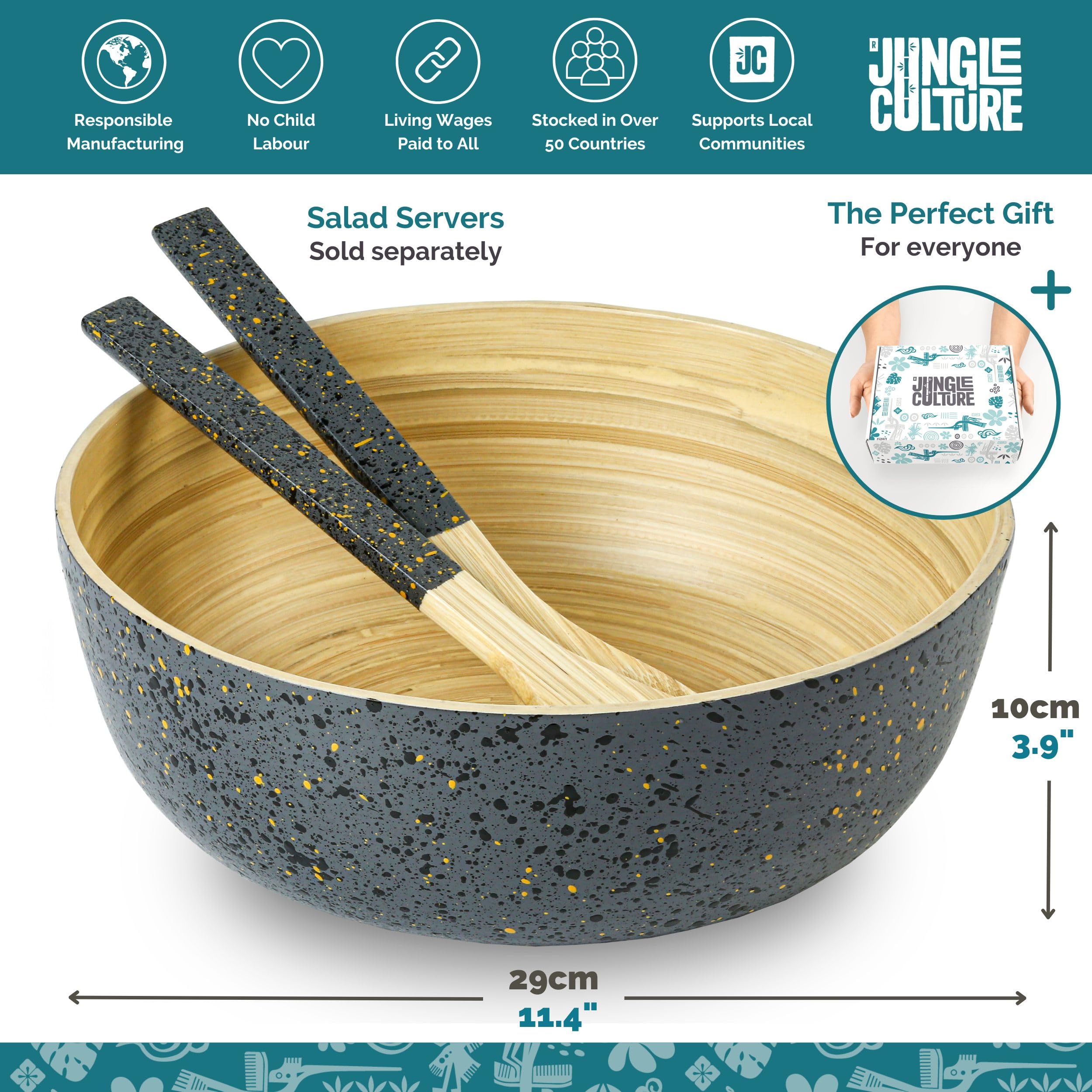 Jungle Culture® Bambusschale Große • Schwarz Salatschüssel aus Bambus • Handgefertigte Obstschale aus Holz, Öko-Geschirr, Schüssel für Lebensmittel im Terrazzo-Design Veganerfreundliches Öko-Geschenk