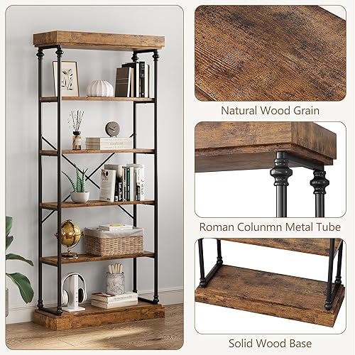 Miniatura 6 de GAOMON Estantería industrial de 6 niveles para almacenamiento de madera, estante abierto, marco de metal, rústico, alto, estante grande de