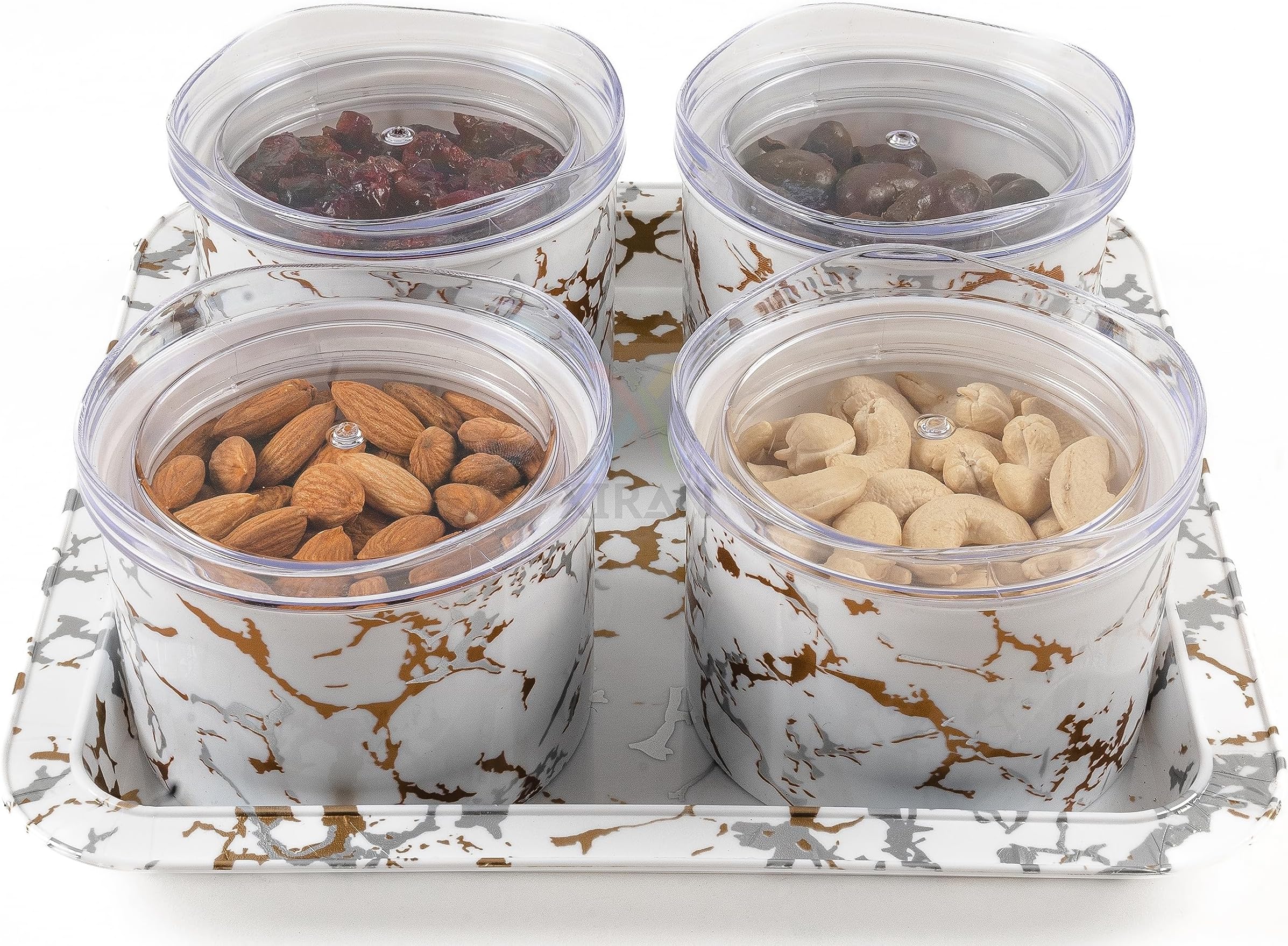 Xiran Airtight Dry Fruit Containers with Lid & Serving Tray, Dry Fruit Box for Serving Sweets, Chocolates, Candy, Pickle, Mukhwas, Kitchen accessories Items (4 Pieces Set, White, Polypropylene)
