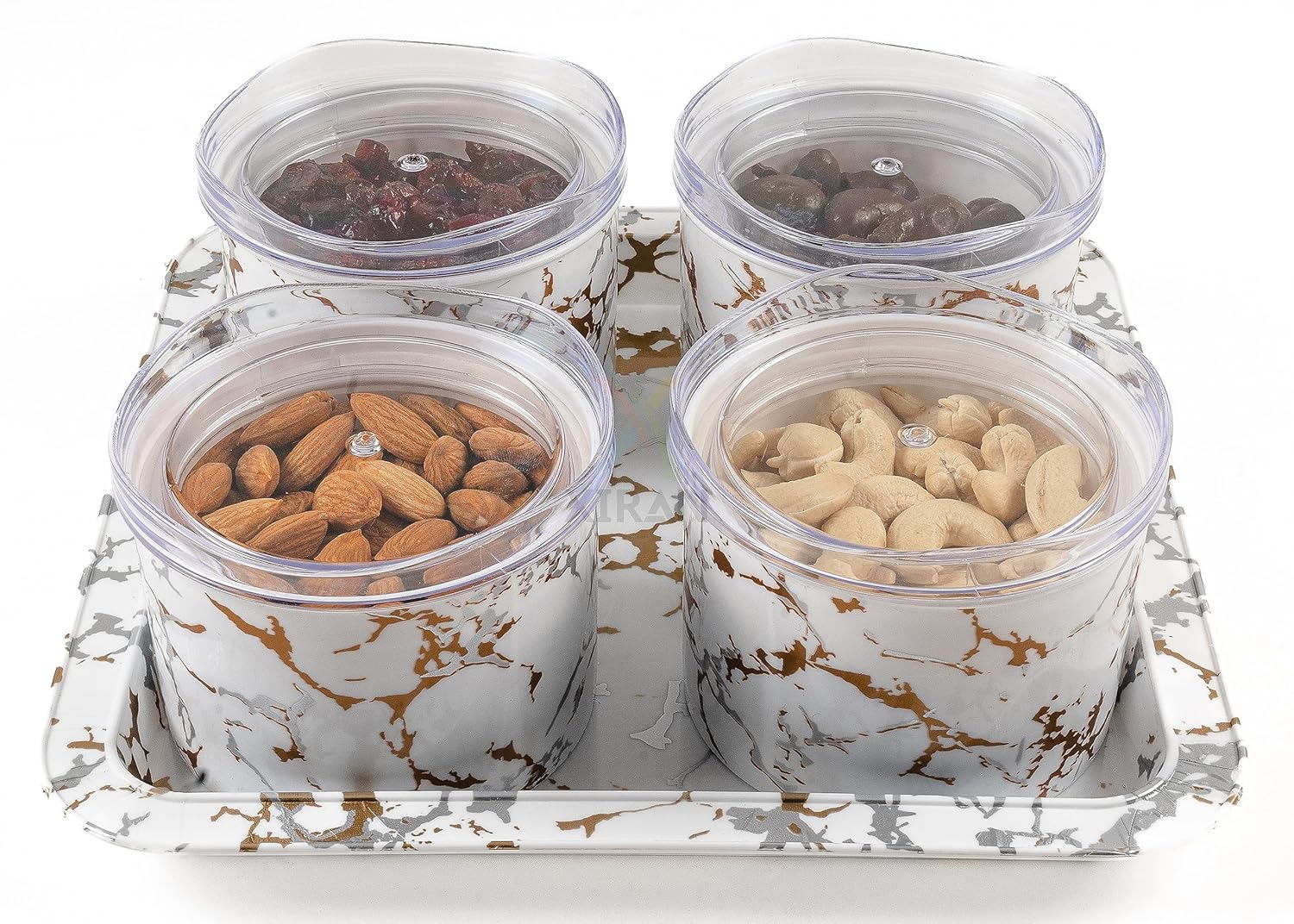 Xiran Airtight Dry Fruit Containers with Lid & Serving Tray, Dry Fruit Box for Serving Sweets, Chocolates, Candy, Pickle, Mukhwas, Kitchen accessories Items (4 Pieces Set, White, Polypropylene)