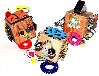 Ensemble de 3 cubes de Fidget Occupé de voyage - Jouet d'activité éducative pour les tout-petits - Montessori Jeu sensoriel pour les garçons et les filles - Jeu de serrures et de verrous en bois - Conseil de développement de la motricité fine des enfants