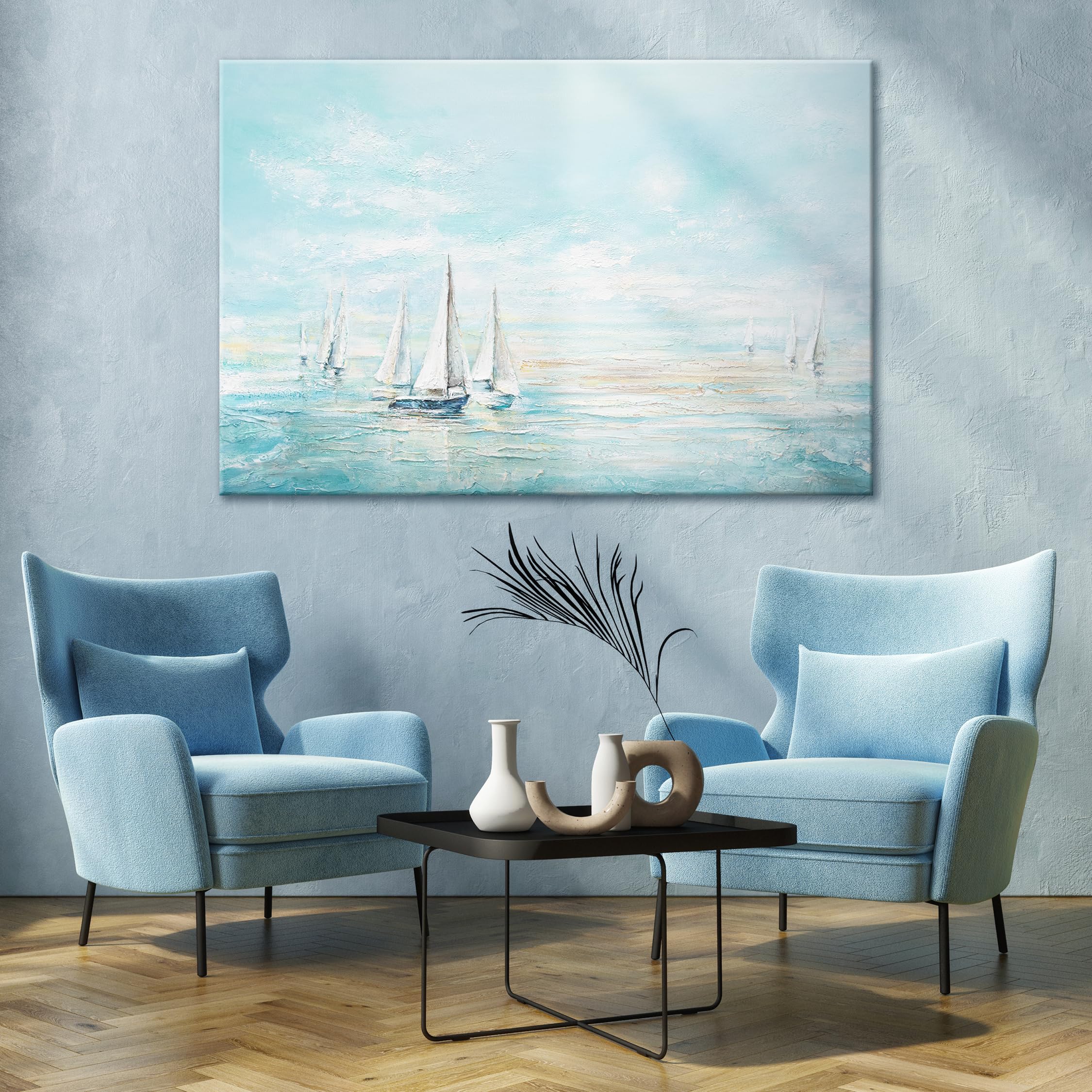 YS-Art Pintura hecha a mano en acrílico Azul marino Paisaje marino en turquesa con veleros blancos Motivo veraniego Arte moderno 120x80 cm