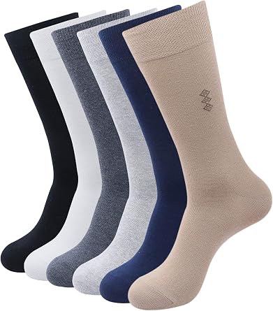 BALENZIA Mens Motif Cotton Crew Length Socks- Made with Formal Socks Spandex of 6 Black Pack Beige Navy D.Grey L.Grey White