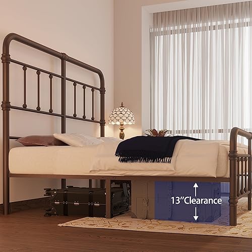 Miniatura 4 de Giselle - Base de cama tamaño King y cabecero de metal antiguo, base de colchón con plataforma de hierro, 49 pulgadas de alto, no necesita somier