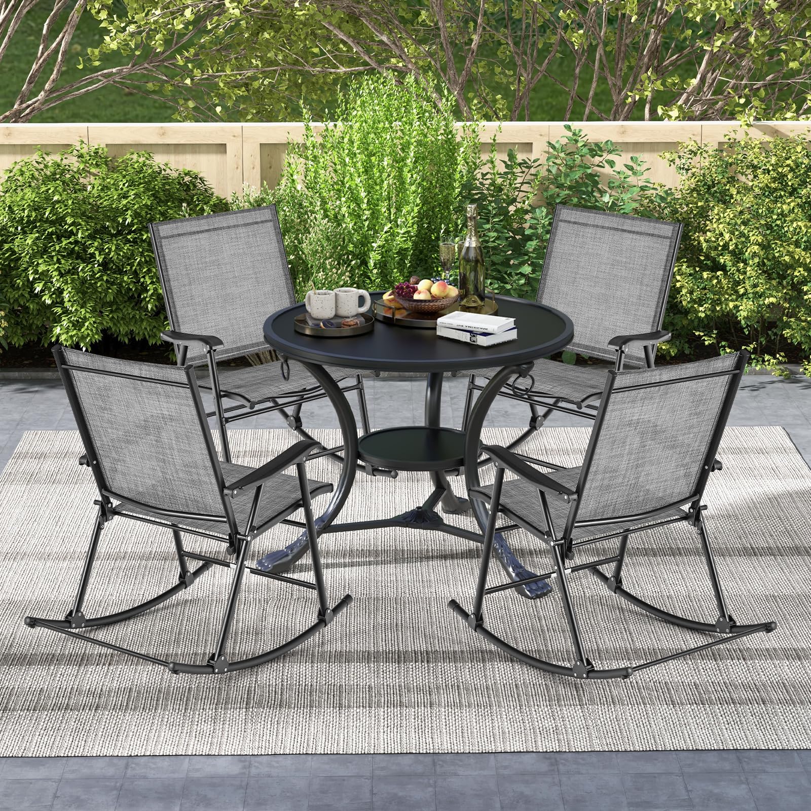 COSTWAY Lot de 2 Chaises de Jardin à Bascule Pliantes avec Siège en Tissu Respirant et Cadre en Métal, Chaises Berçantes d'Extérieur à Dossier Haut, pour Porche, Piscine, Charge 150KG(Gris)