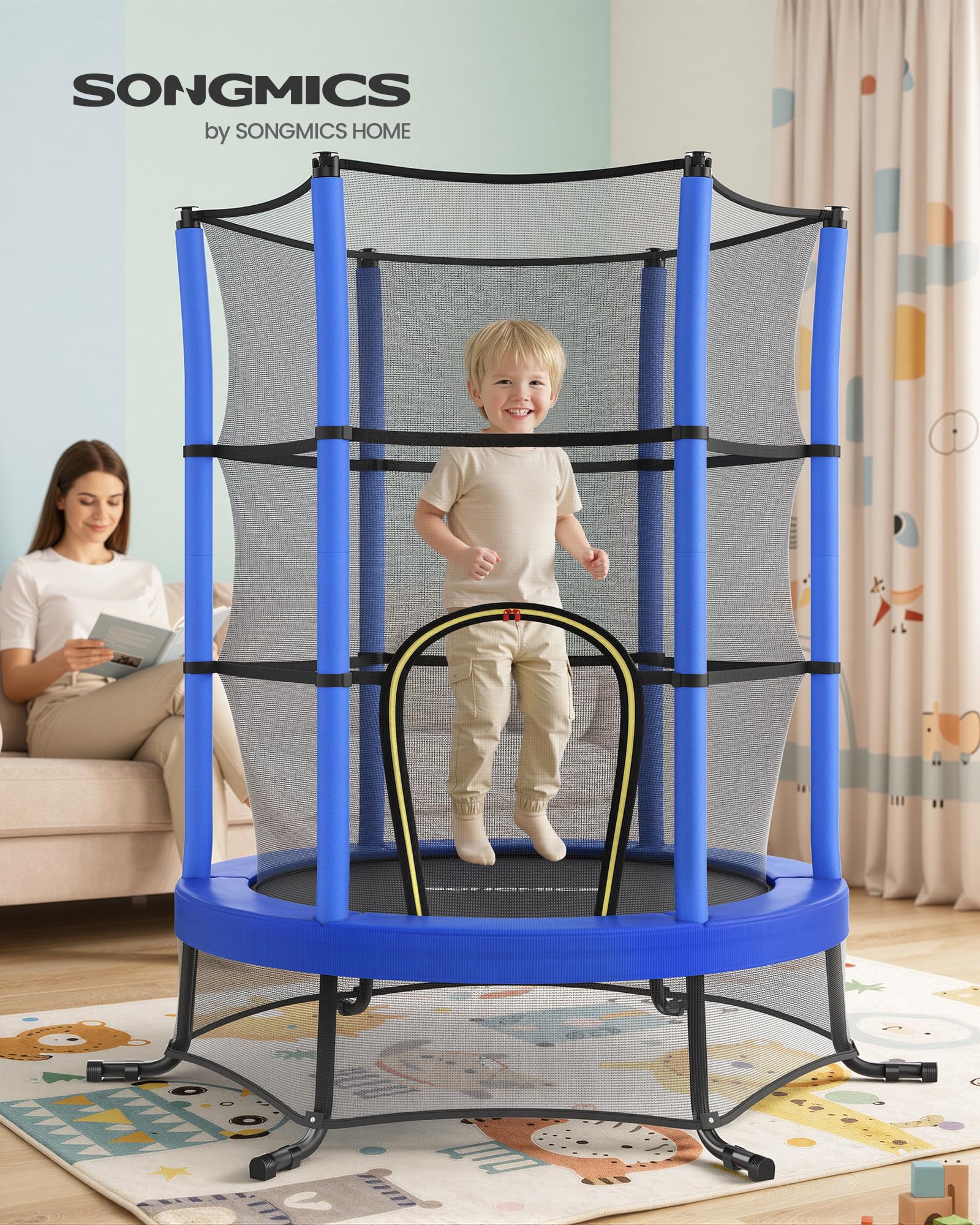 SONGMICS Trampolin Kinder, 174 cm Kindertrampolin mit Sicherheitsnetz, Randabdeckung, Mini-Trampolin Fitness, Stahlrahmen, Gartentrampolin, für Indoor und Outdoor, Garten