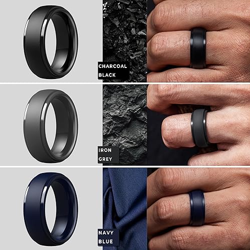 Miniatura 67 de ThunderFit Anillos de boda de silicona para hombre, 0.394 in de ancho y 0.098 in de grosor, paquete múltiple de variedad 1-7 Pack A: Negro