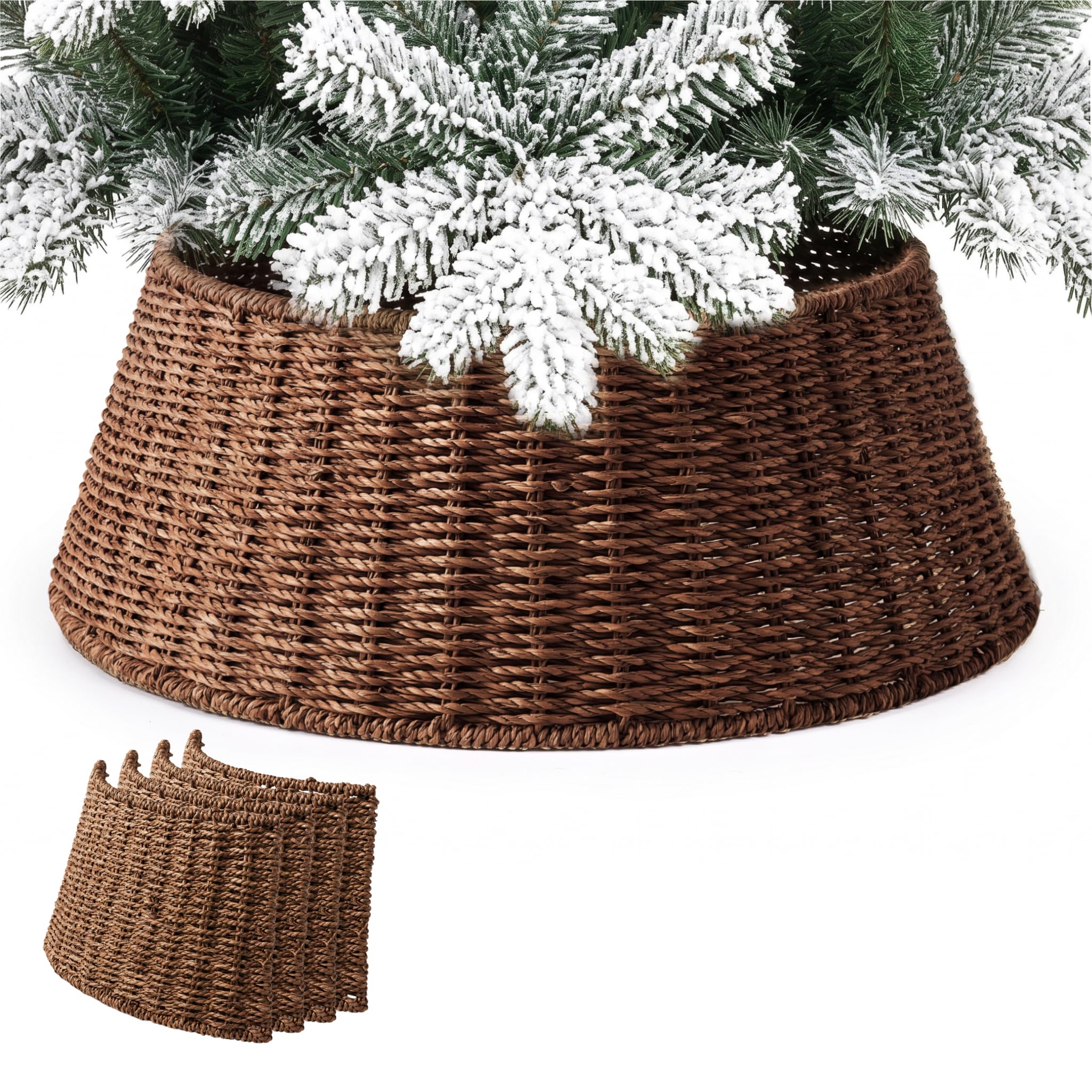 Woven Christmas Tree Collar, Natural Rattan Christmas Tree Skirt, Village Hyacinth Xmas Tree Skirt Accessory for Artificial Trees, Christmas Home Décor, Diameter 66 cm (Top 51cm) Height 25 cm - Brown
