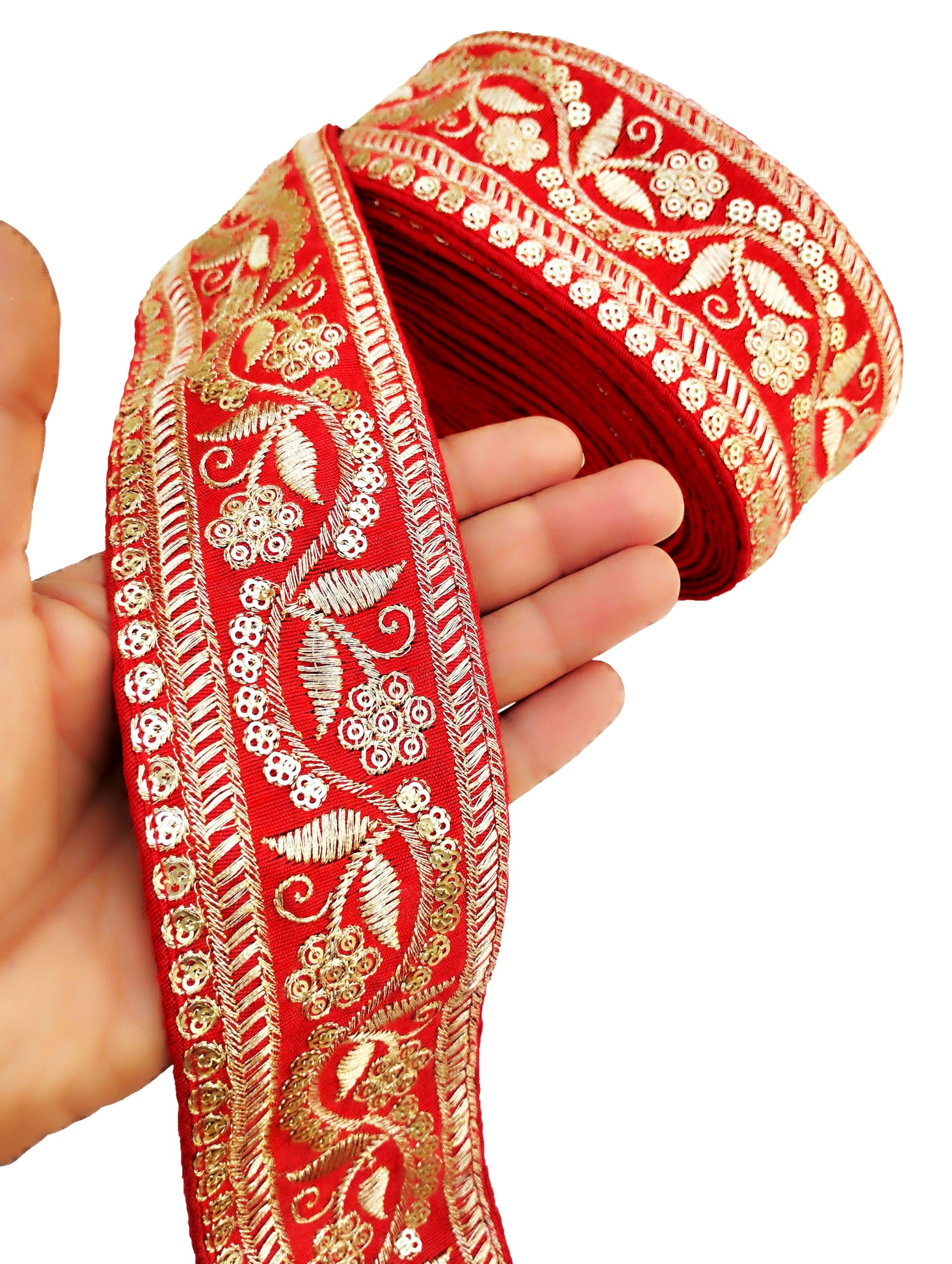 CARTZEYE Embroidery Gold Work Lace Border with Sequence Decorative Ribbon for Saree, Dress, Kurti, Bandhani, Lehenga - 6.5 cm Width (3 Meter, Red) 1
