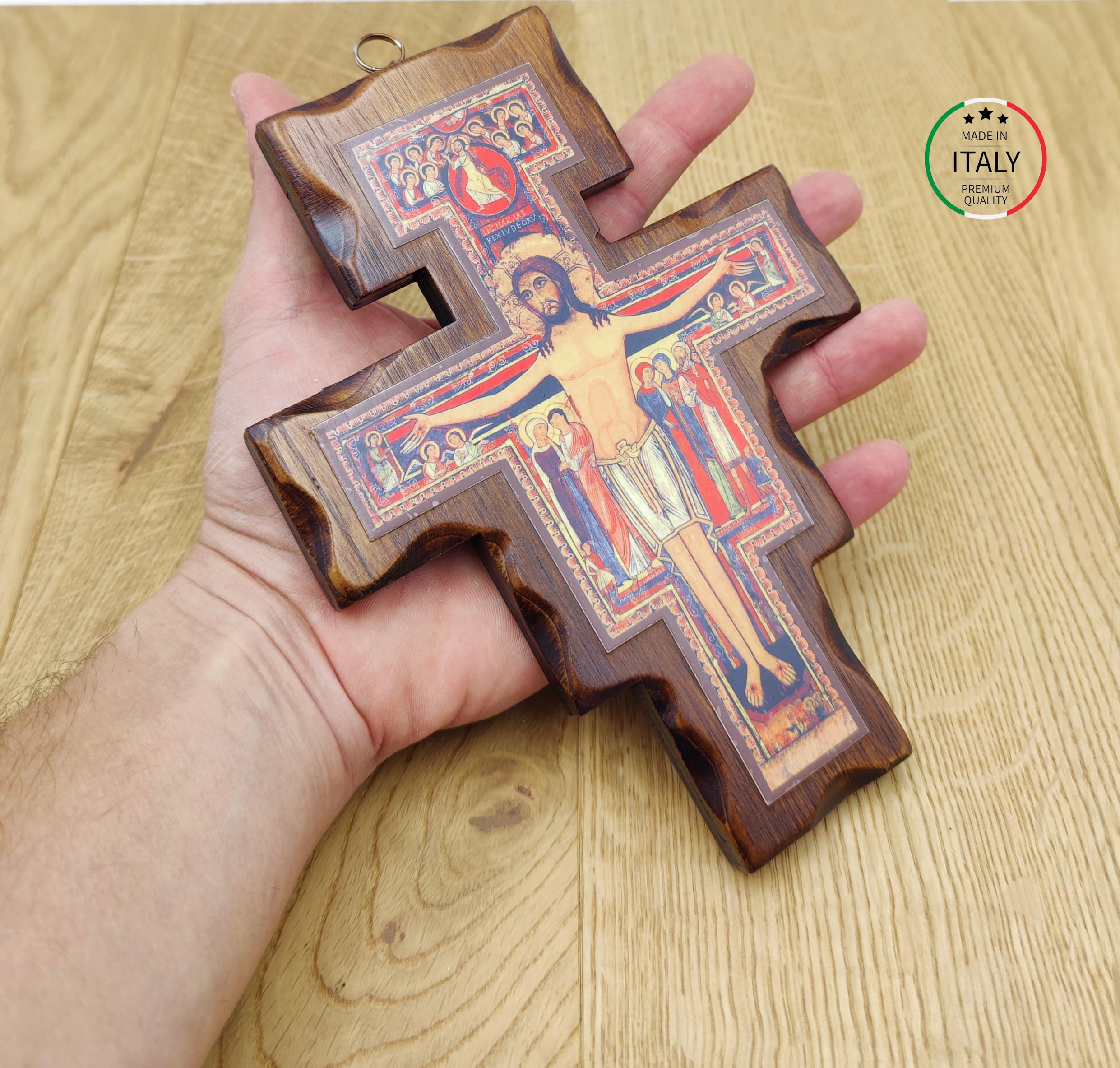 Croix San Damiano La Balestra en Bois Mural 19x14 Fabriqué en Ombrie Italie