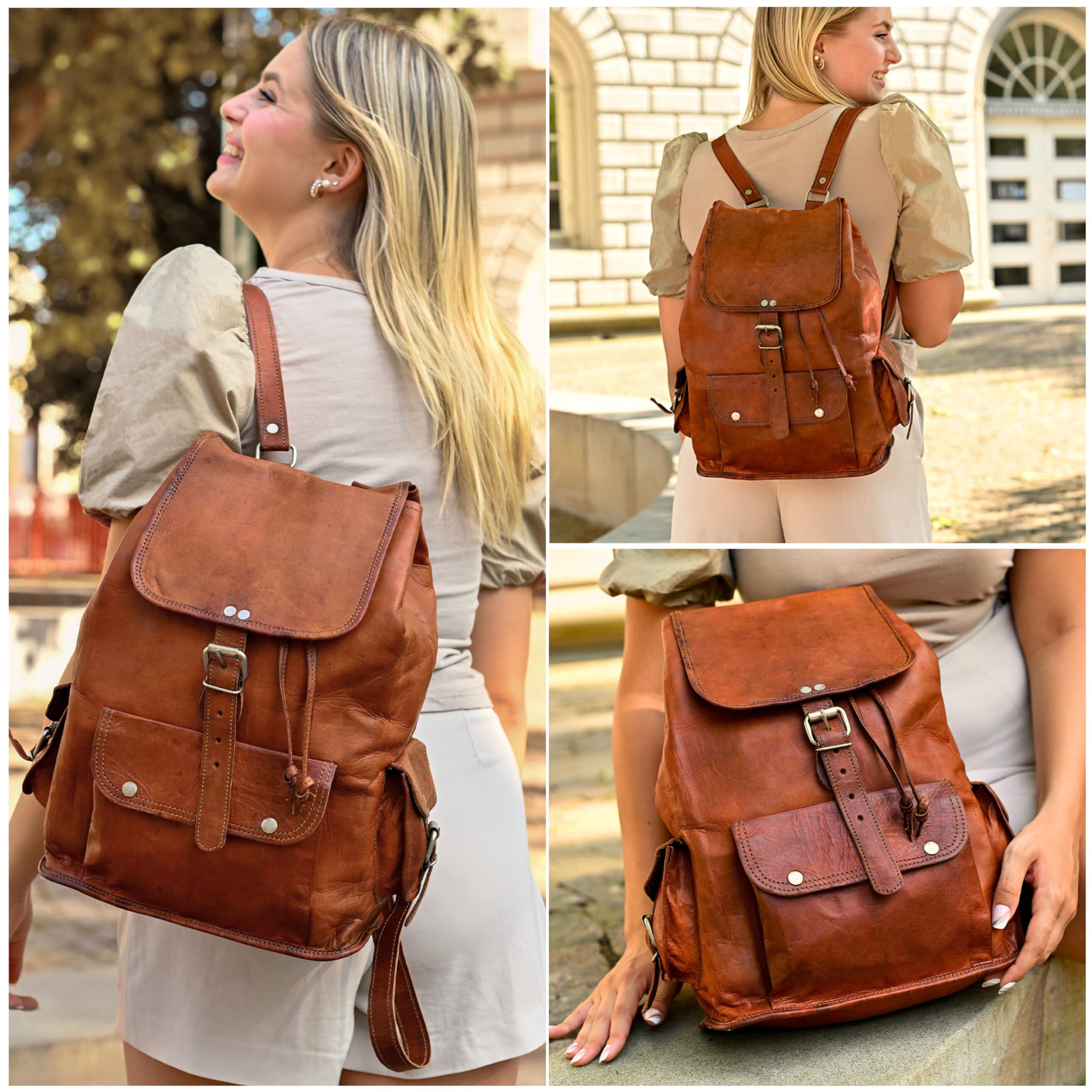 Gusti Rucksack Leder - Bobbie 15" Damen und Herren Lederrucksack Cityrucksack aus Leder Vintage Retro Braun