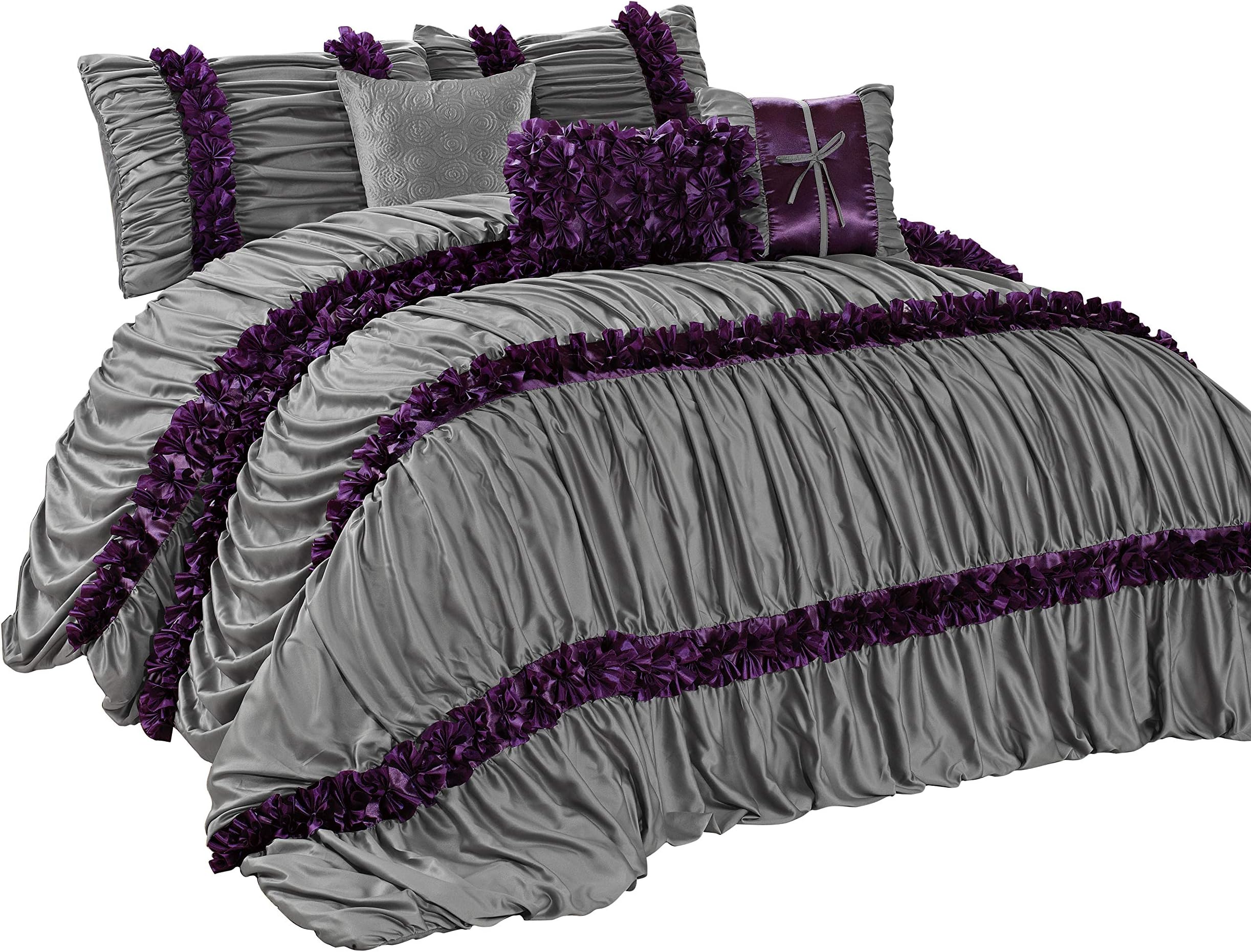 HIG 7 Piece Comforter Set Cal.King-Gray Damask Satin Several Ruffles-CARALINA Bed in A Bag Cal.King Size-Soft, Comfortable,Fade Resistant-1 Comforter,2 Shams,3 Decorative Pillows,1 Bedskirt
