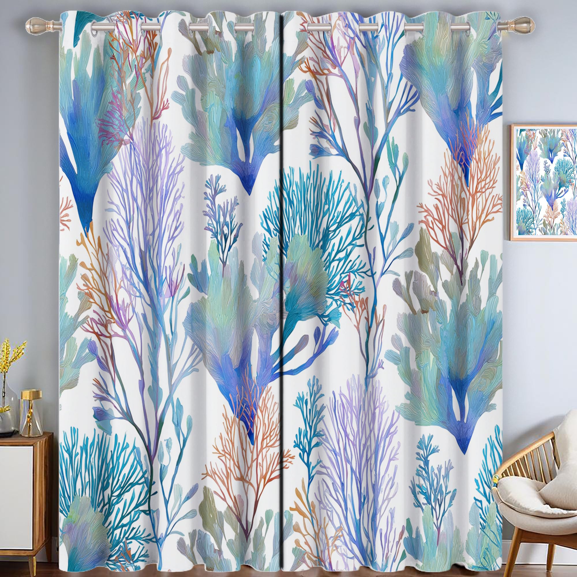 Rideau thermique isolant bleu motif plantes aquarelle 140x175 pour fenetre