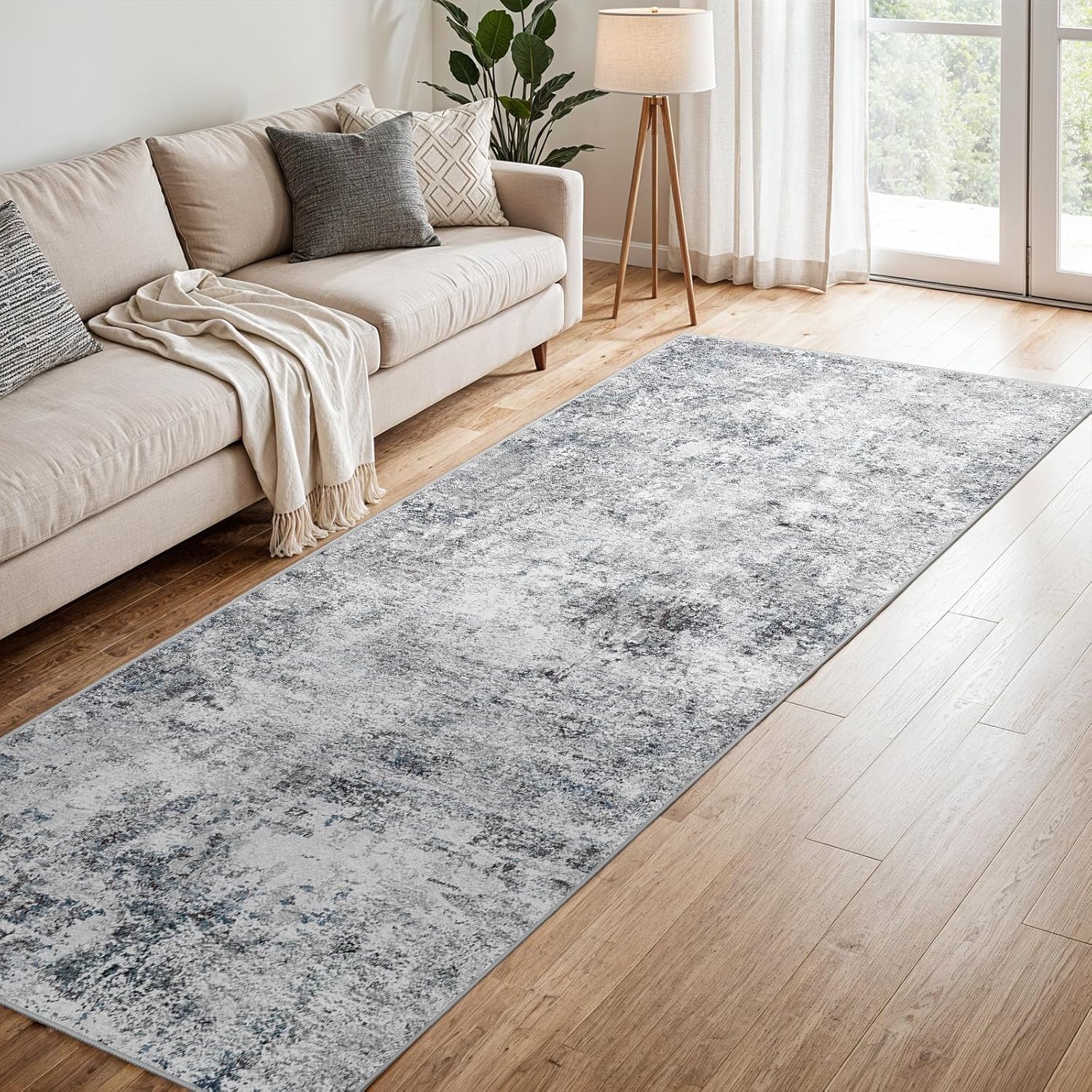 3x8 Washable Kitchen Runner Rug – Abstract Non-Slip Mat with Rubber Backing Indoor Modern Runner Rugs Low-Pile Soft Carpet for Hallway, Bedroom, Entryway, Hardwood (Blue Gray, 3x8)