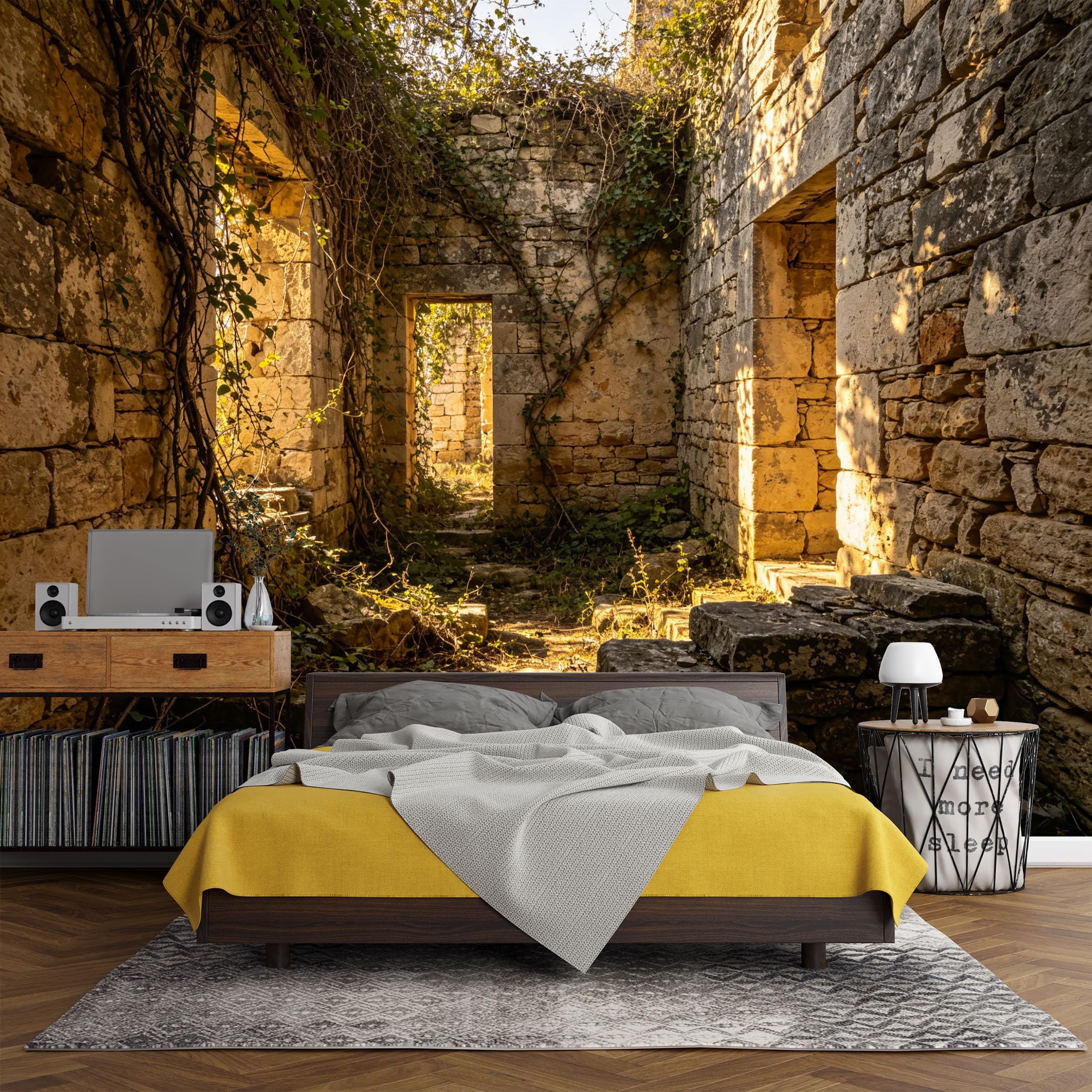 Custom Size Wall Mural， Vintage Stone Ruins Sunlit Pathway Ancient Architecture，SelfAdhesive Art Prints wall Fabric (No PVC) Removable Wallpaper Living Room Decor