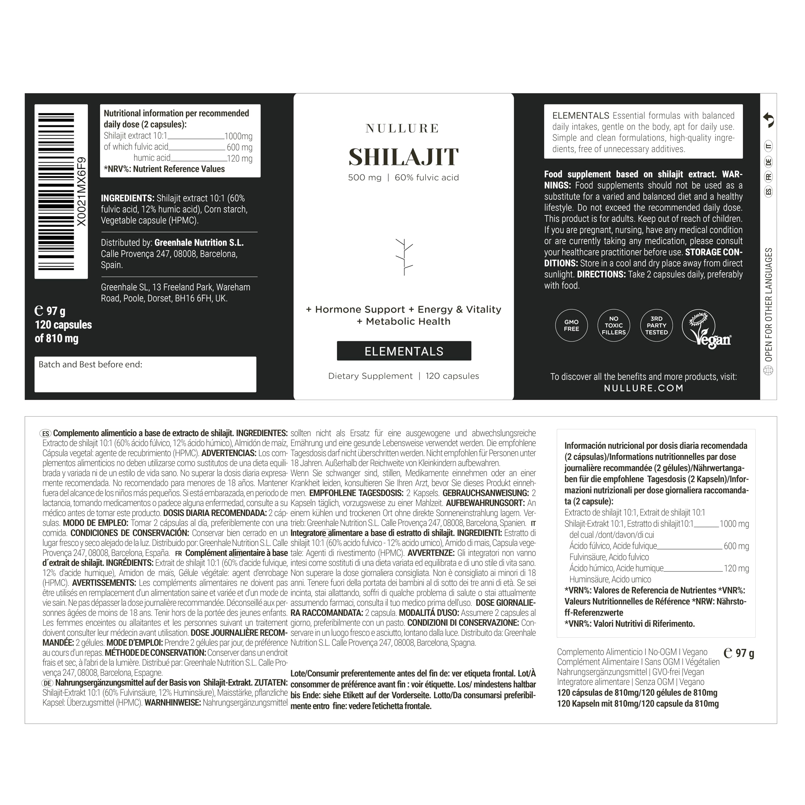 Nullure Shilajit Pure Himalaya 500mg | 60% Acide Fulvique + 12% Humique | Shilajit Gélule | Anti-inflammatoire · Énergie | Testé par tiers | Sans additifs & Vegan | 120 gélules | Fabriqué à Barcelone